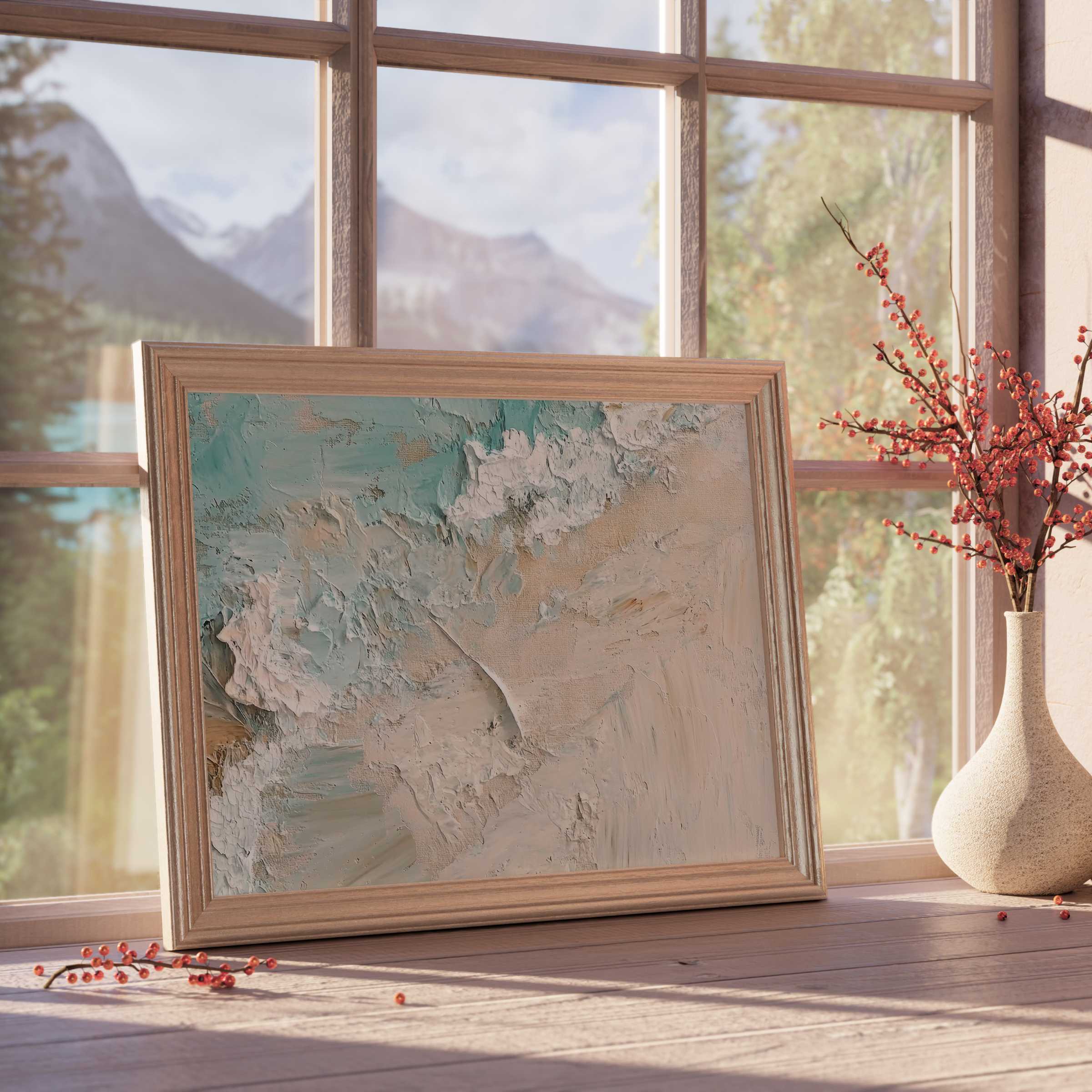 Serene beach downloadable art with textured seafoam and sandy hues, perfect for elevating tranquil, curated interiors