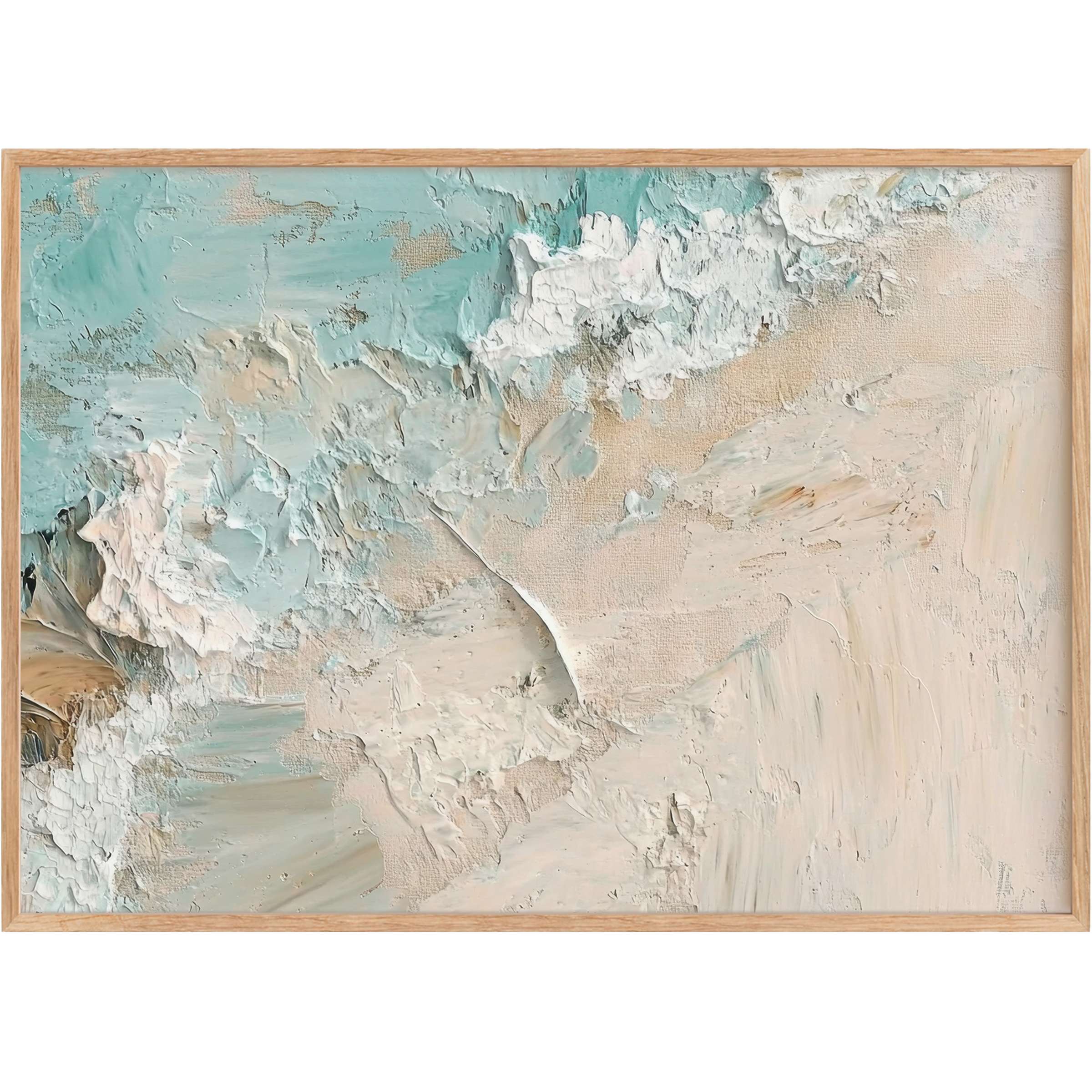 Serene beach printable wall art in soft aqua, sandy beige, and white, evoking tranquil coastal breezes and refined coastal elegance