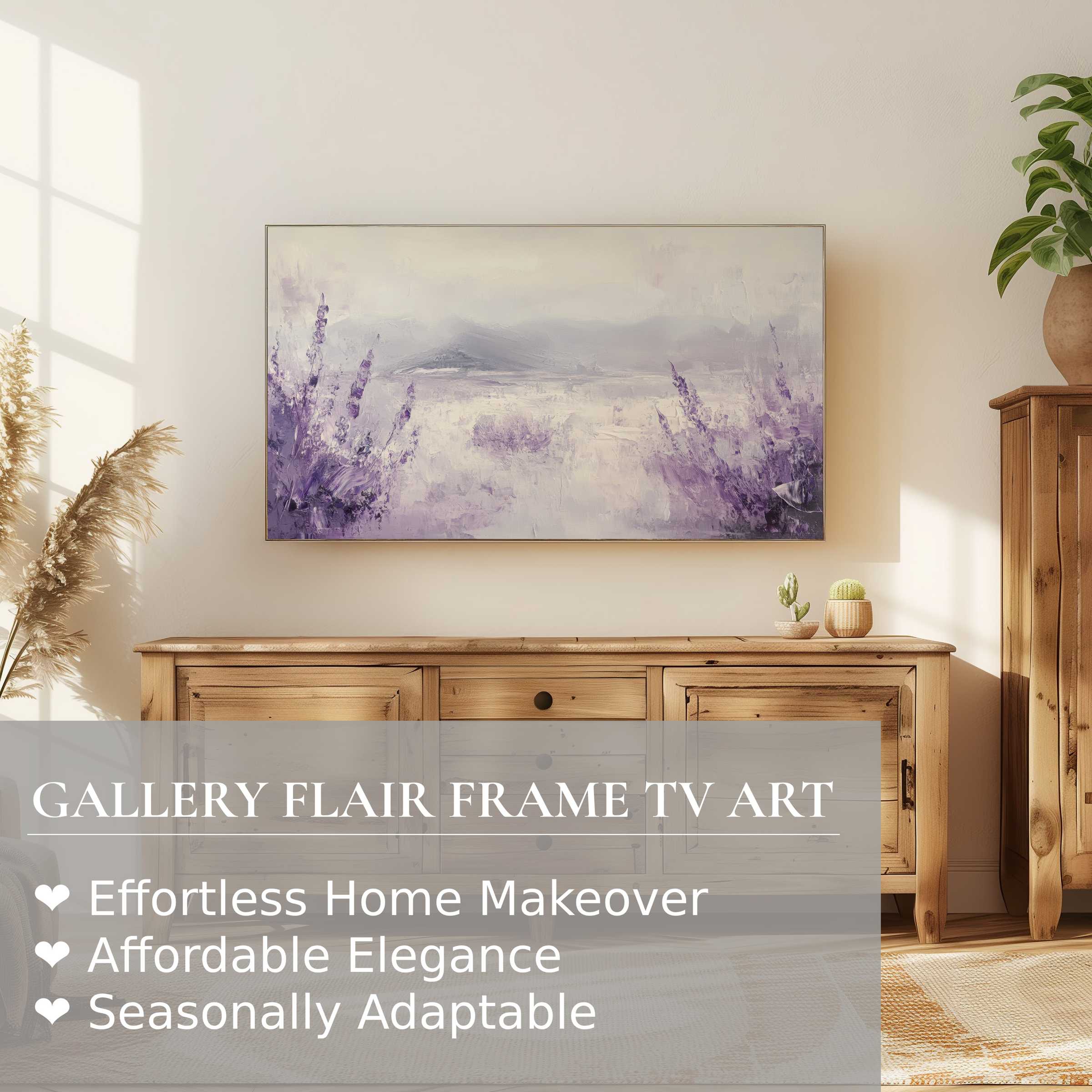 Modern living room with warm wood furniture and a Samsung Frame TV showcasing botanical digital artwork in soft lavender hues
