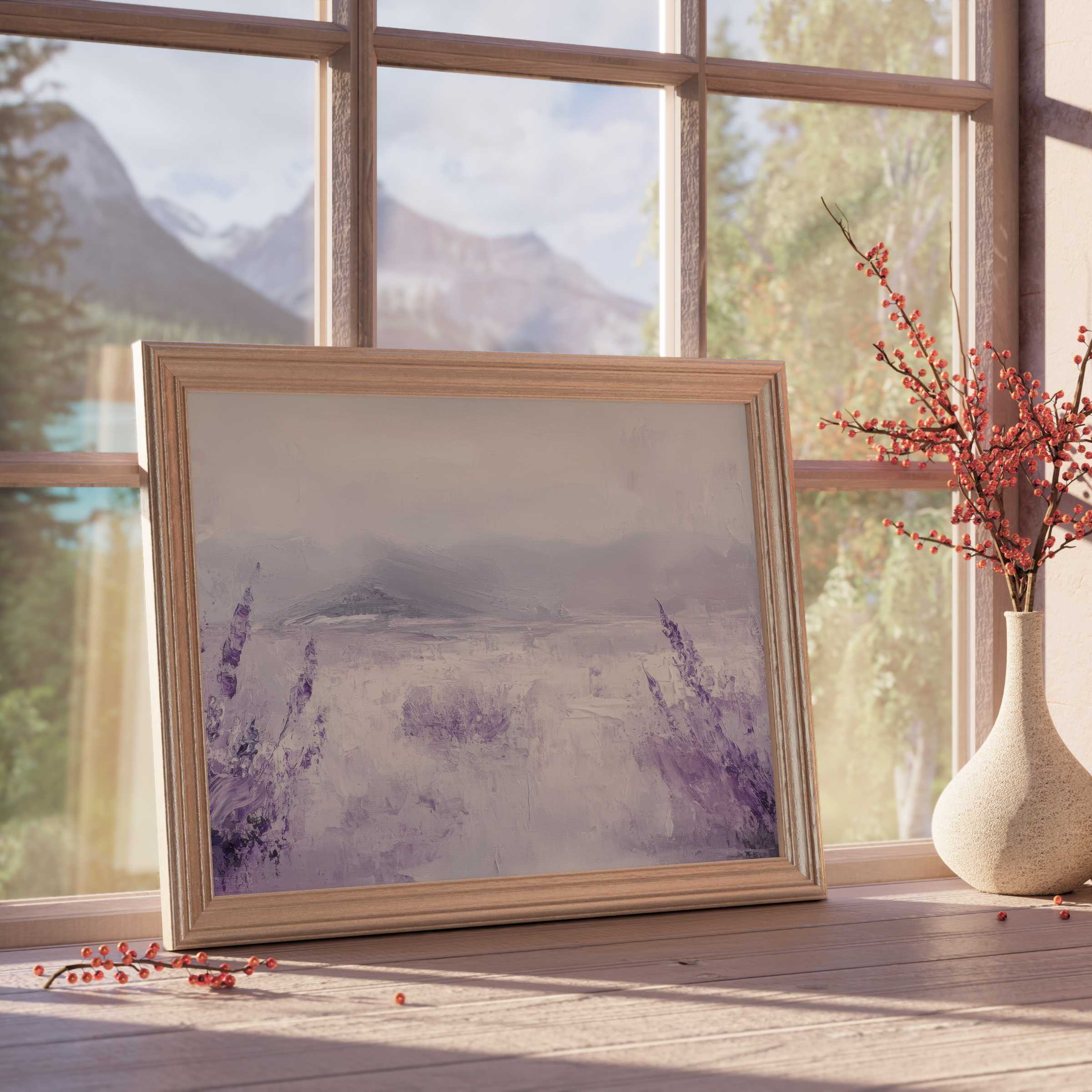 Botanical downloadable art in soft lavender hues, framing serene mountain vistas, elevating calm, curated interiors