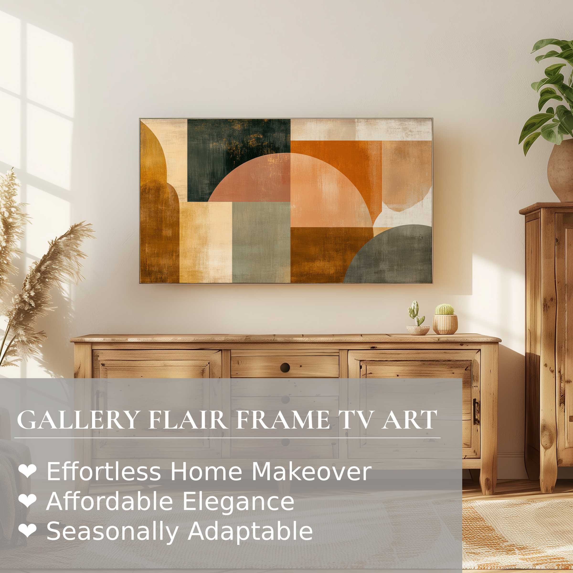 Samsung Frame TV showcasing warm-toned abstract digital artwork in a modern, serene living room setting