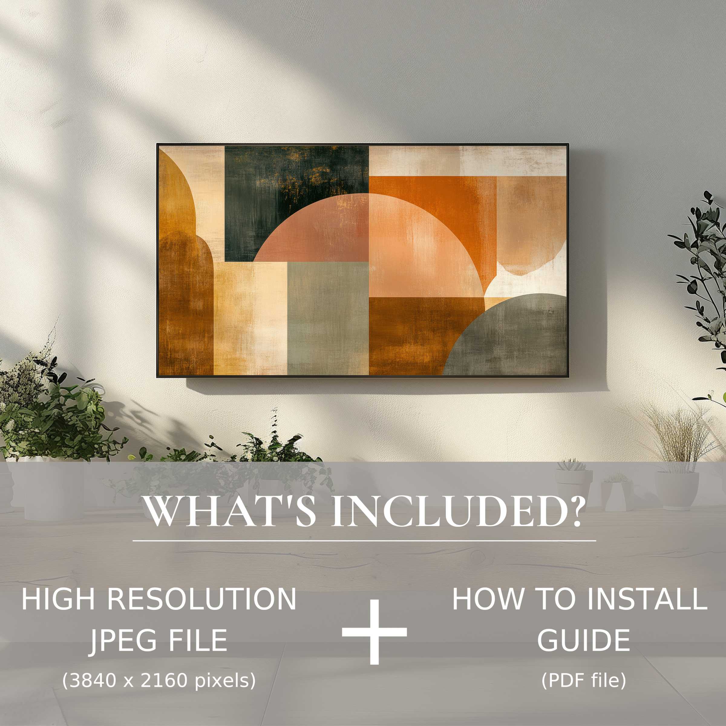 Abstract digital TV art download showcasing warm geometric tones, easily enhancing any modern living space with digital elegance