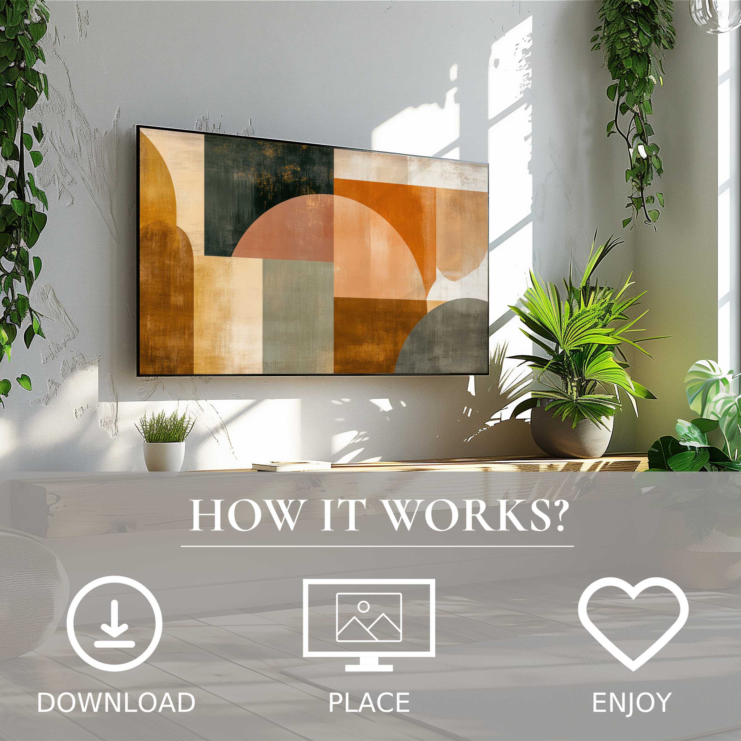 Modern living room with abstract art for Samsung TV, warm geometric color flow, easy digital download enriches space