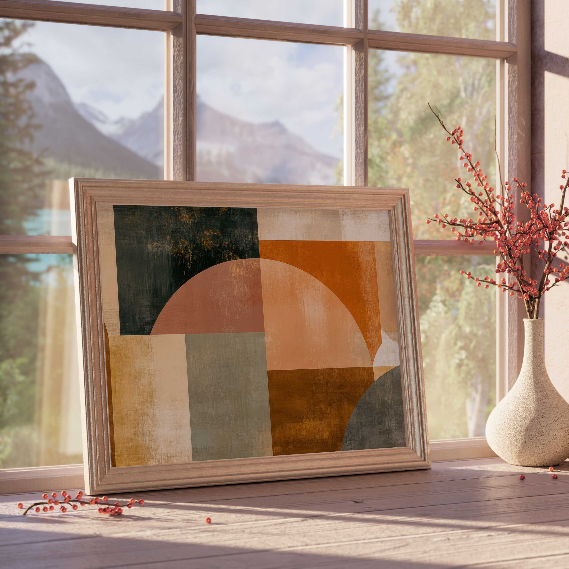 Warm-toned abstract downloadable art with geometric shapes, enhancing curated, tranquil interiors with a stylish modern flair