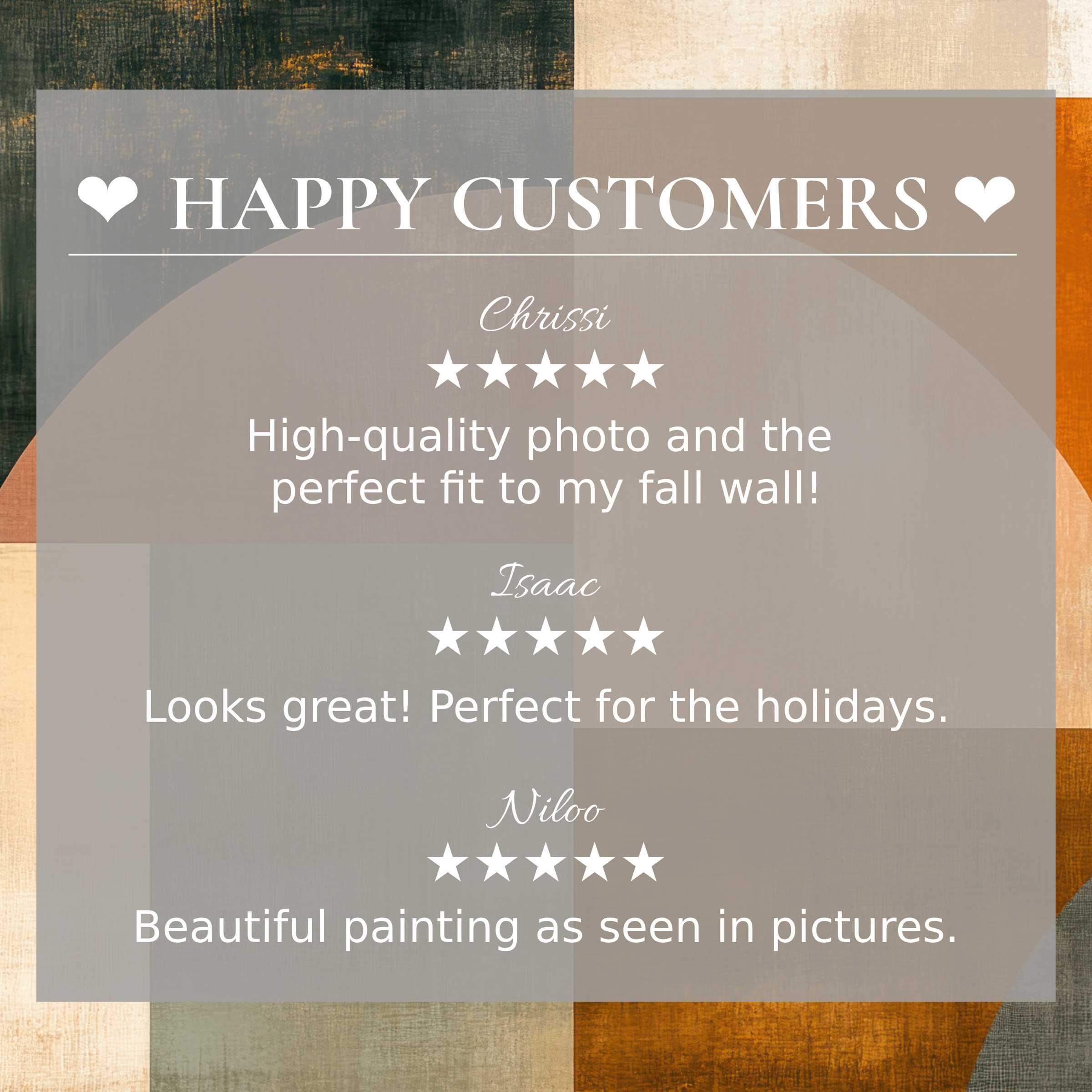 Abstract art for Frame TV with muted sunset hues; layout showcases happy customer reviews, inspiring trust and elegance