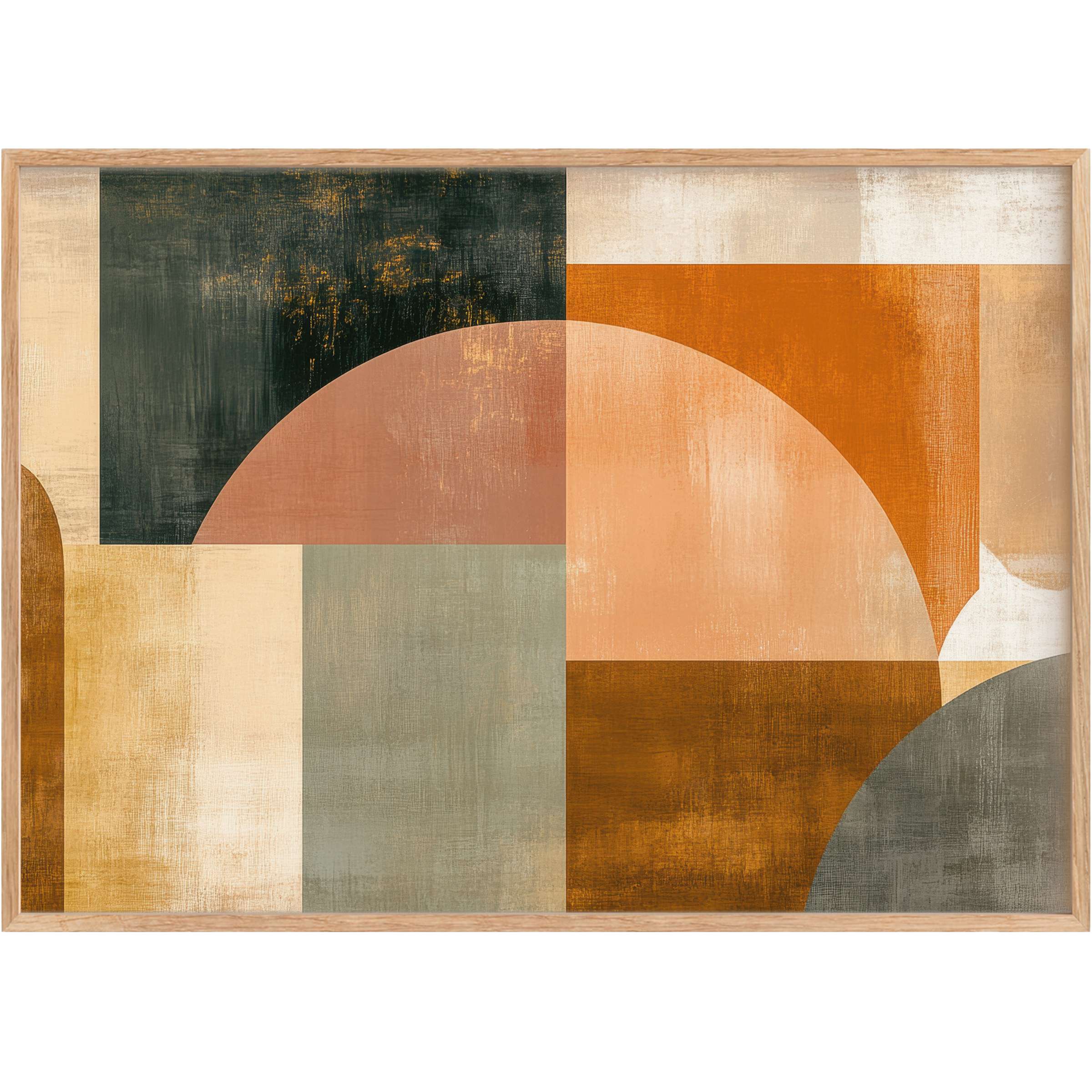 Abstract printable wall art with warm ochre, terracotta, and muted sage shapes, evoking a serene, modern elegance for stylish interiors