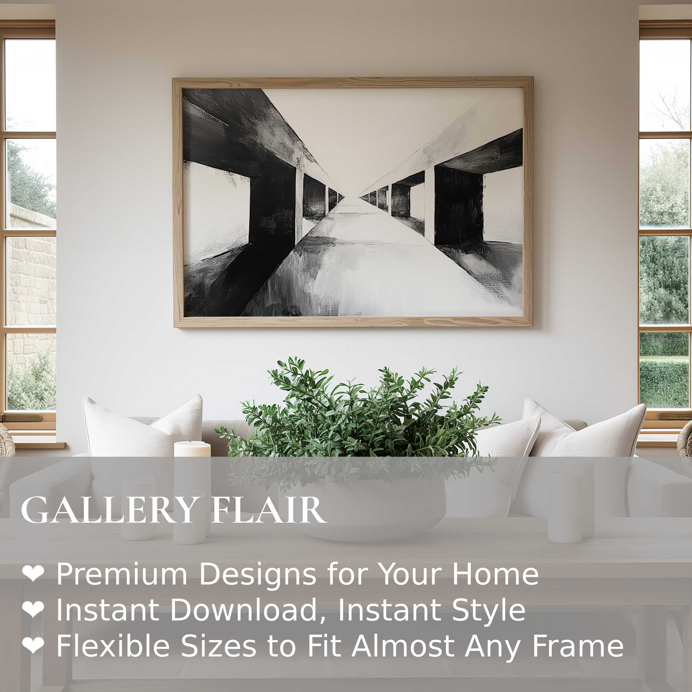 Bold black and white wall art print featuring dynamic architectural lines, elevating minimalist modern interiors with striking depth and contrast