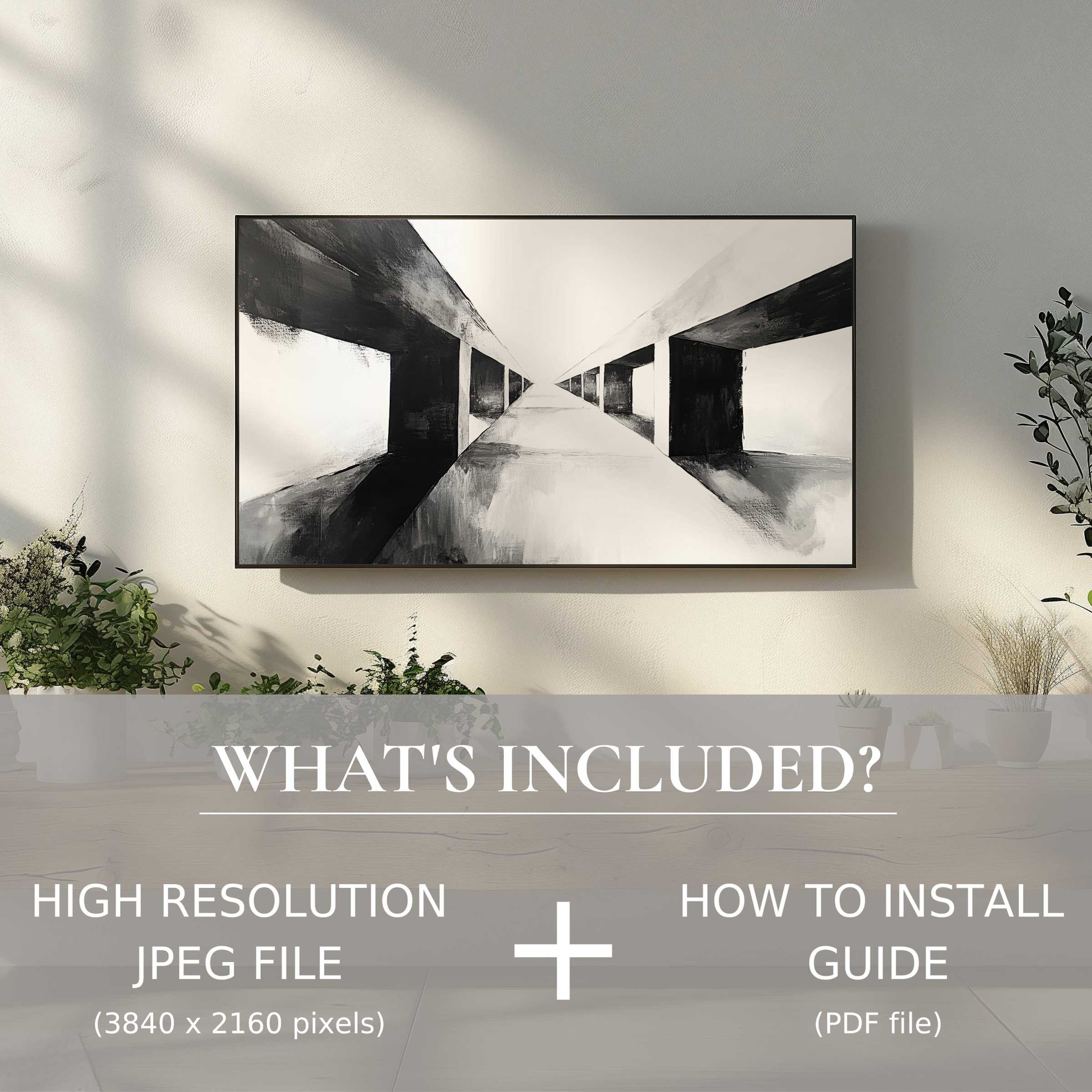 Elegant black and white digital TV art download easily enhances modern spaces with high-res file and install guide