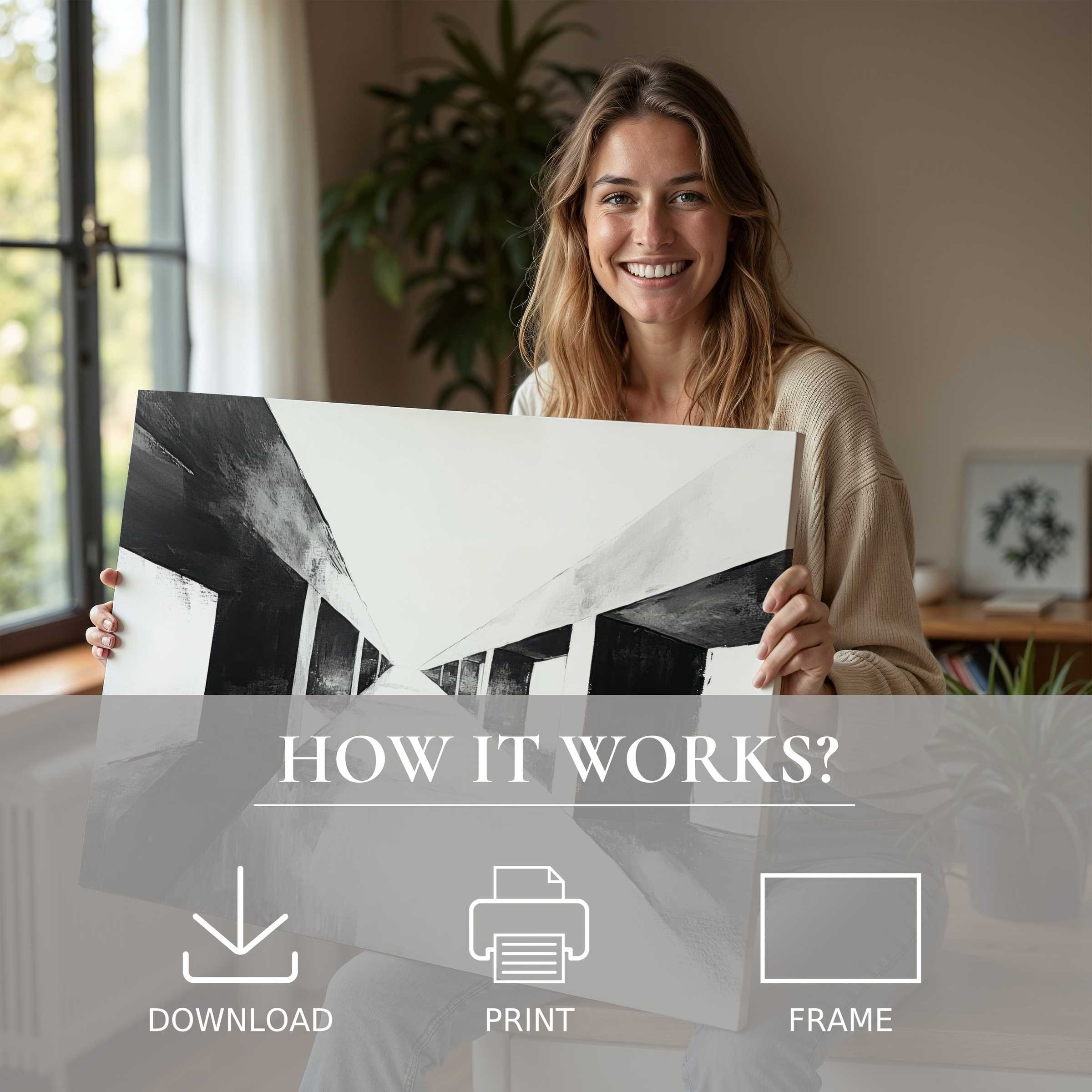 Woman radiates joy in a sunlit modern home, embracing a black and white digital art print that transforms space with serene elegance