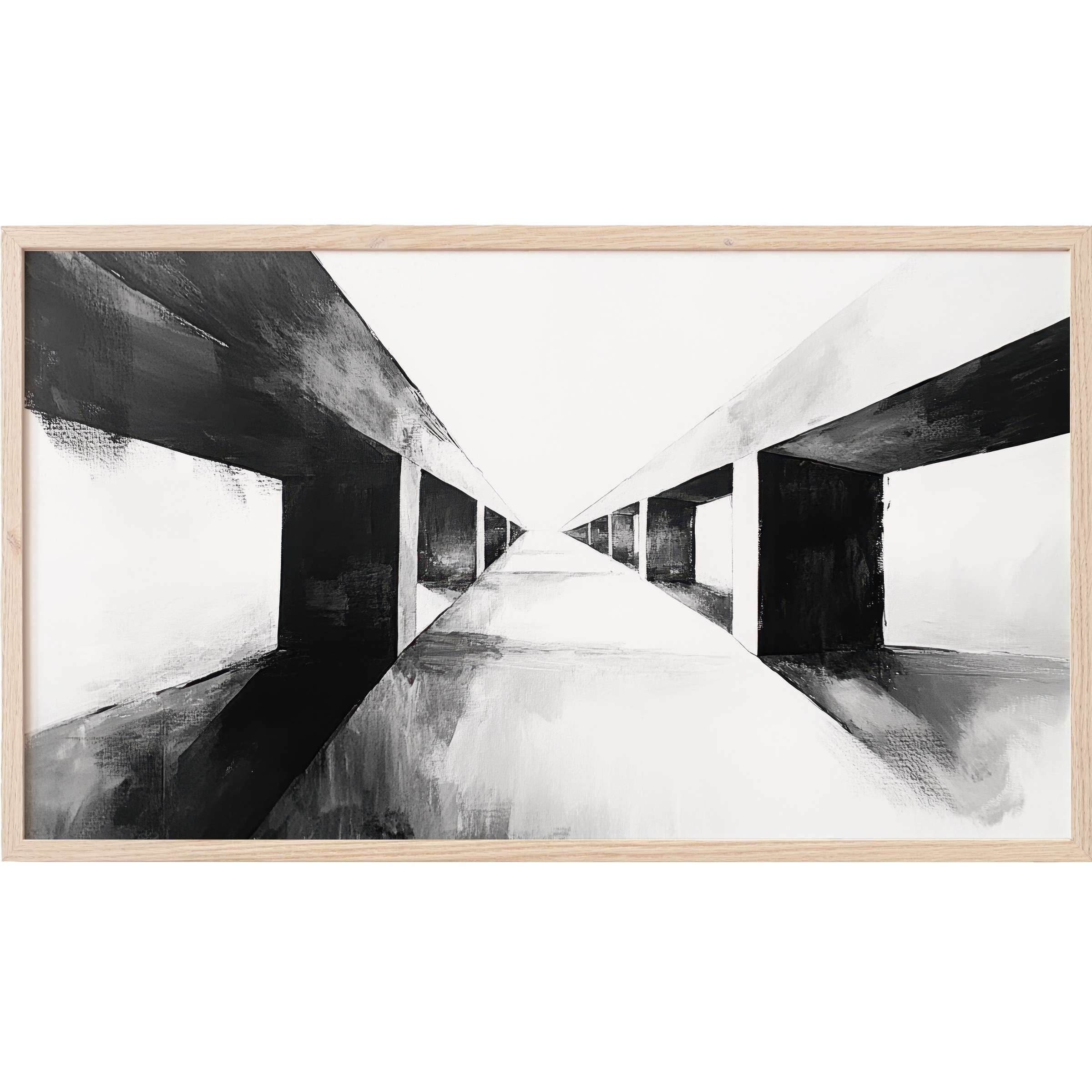 Sleek black and white Frame TV Art showing a modern, abstract tunnel with sharp contrasts and depth