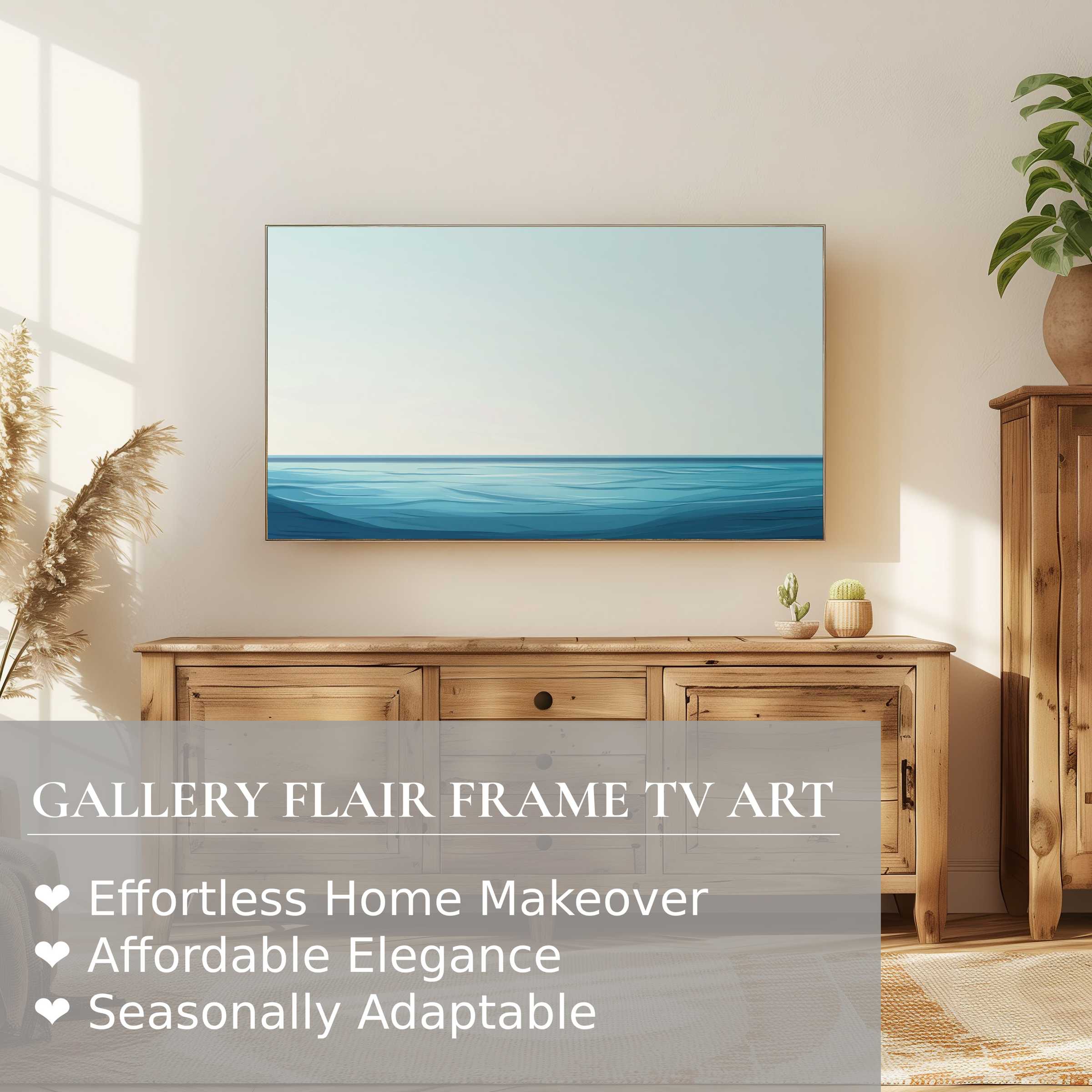 Samsung Frame TV displaying serene ocean modern digital artwork in a sunlit, elegant, refined home decor setting