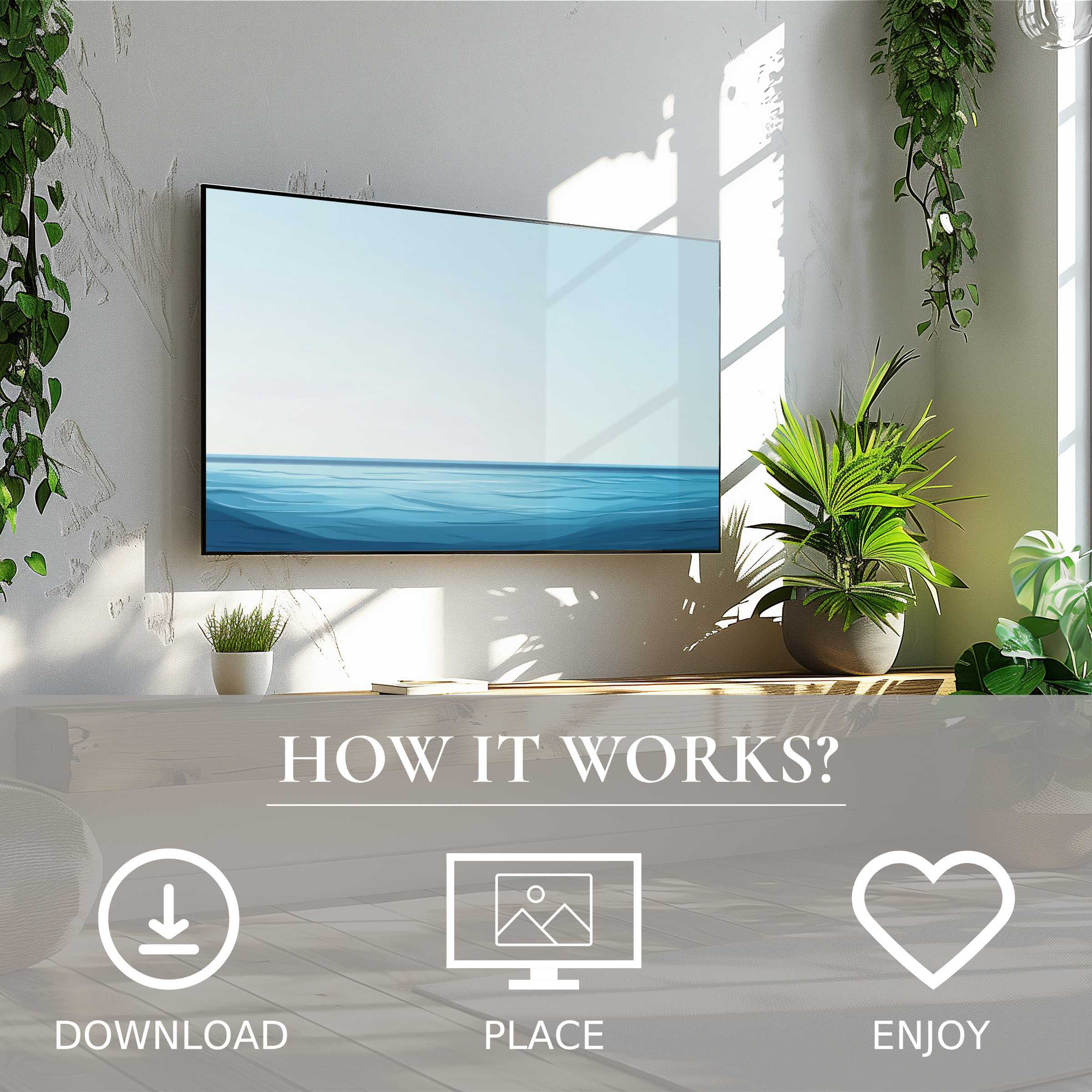 Modern art for Samsung TV shows serene blue ocean waves, easy digital download enriching stylish living spaces