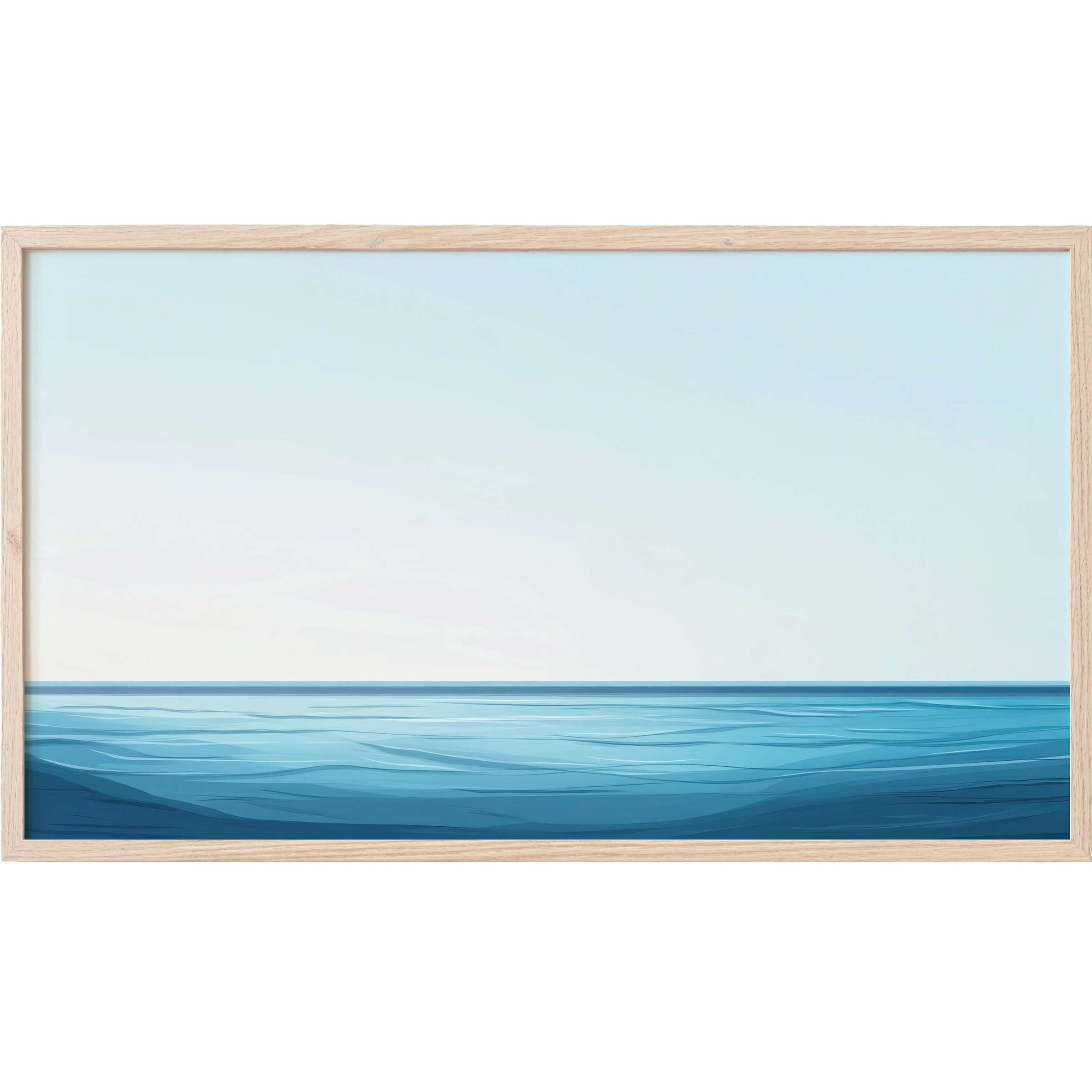 Serene ocean horizon in layered blues and soft sky hues, crafted with sleek lines in modern Frame TV Art style
