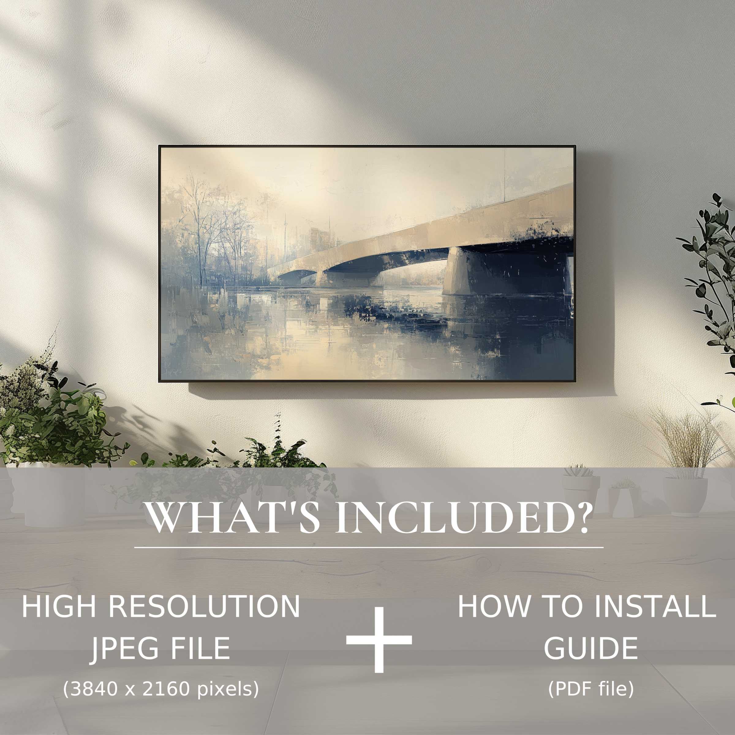 Elegant urban digital TV art download of serene bridge scene enhances modern living spaces with easy digital use