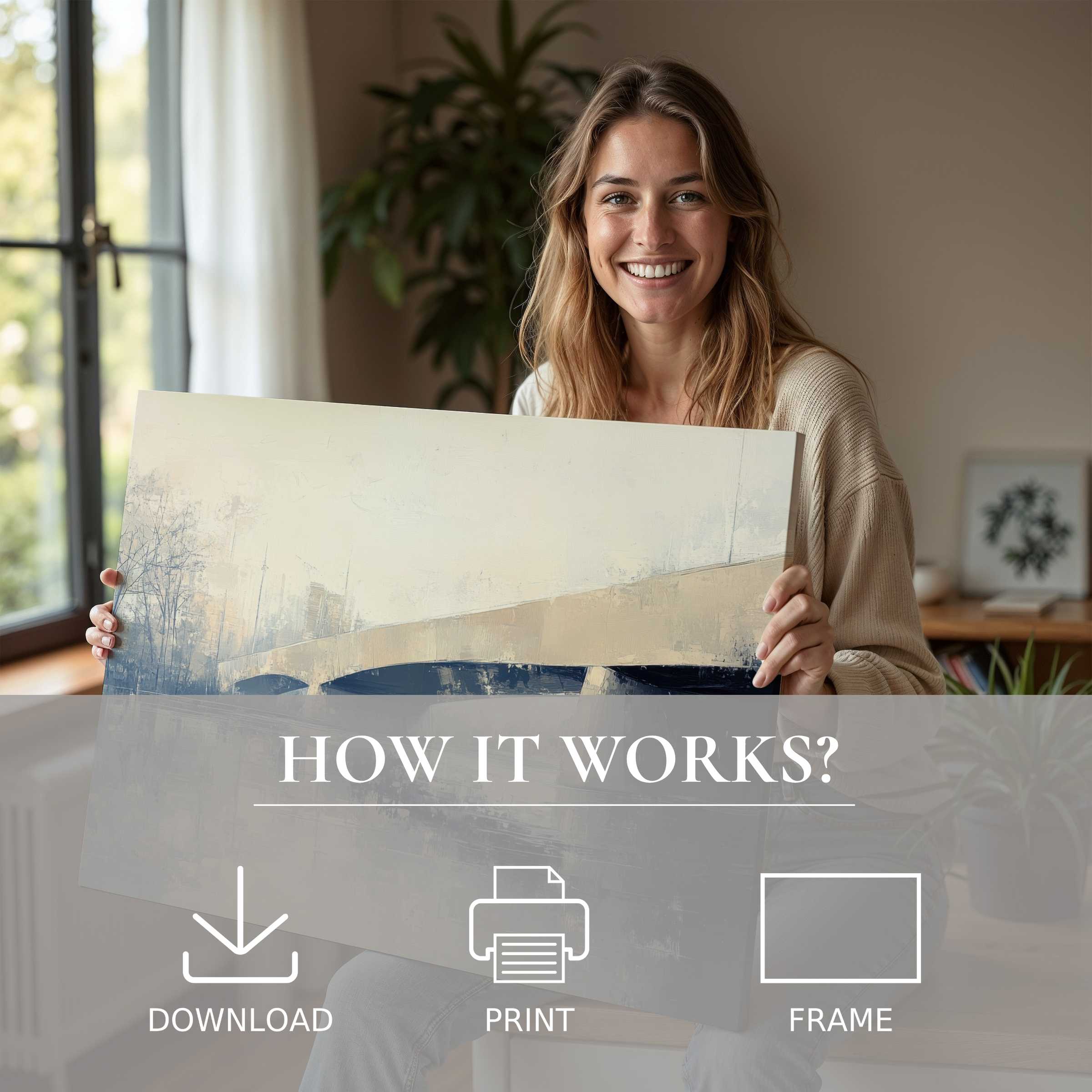 Elegant urban digital art print brightens a stylish living space, capturing joy and serene connection with effortless beauty