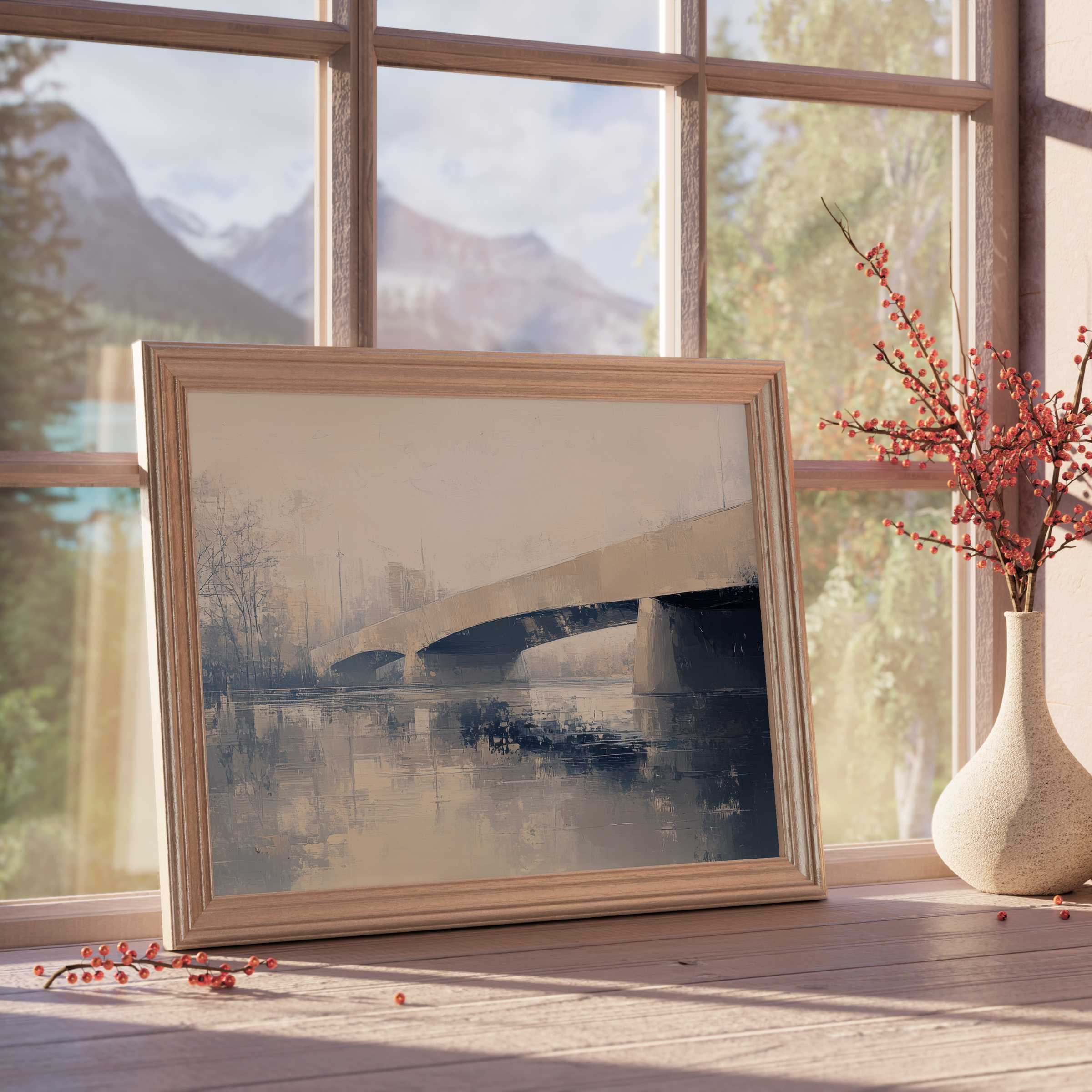 Urban downloadable art capturing a serene bridge scene in muted tones, perfect for tranquil, design-forward interiors