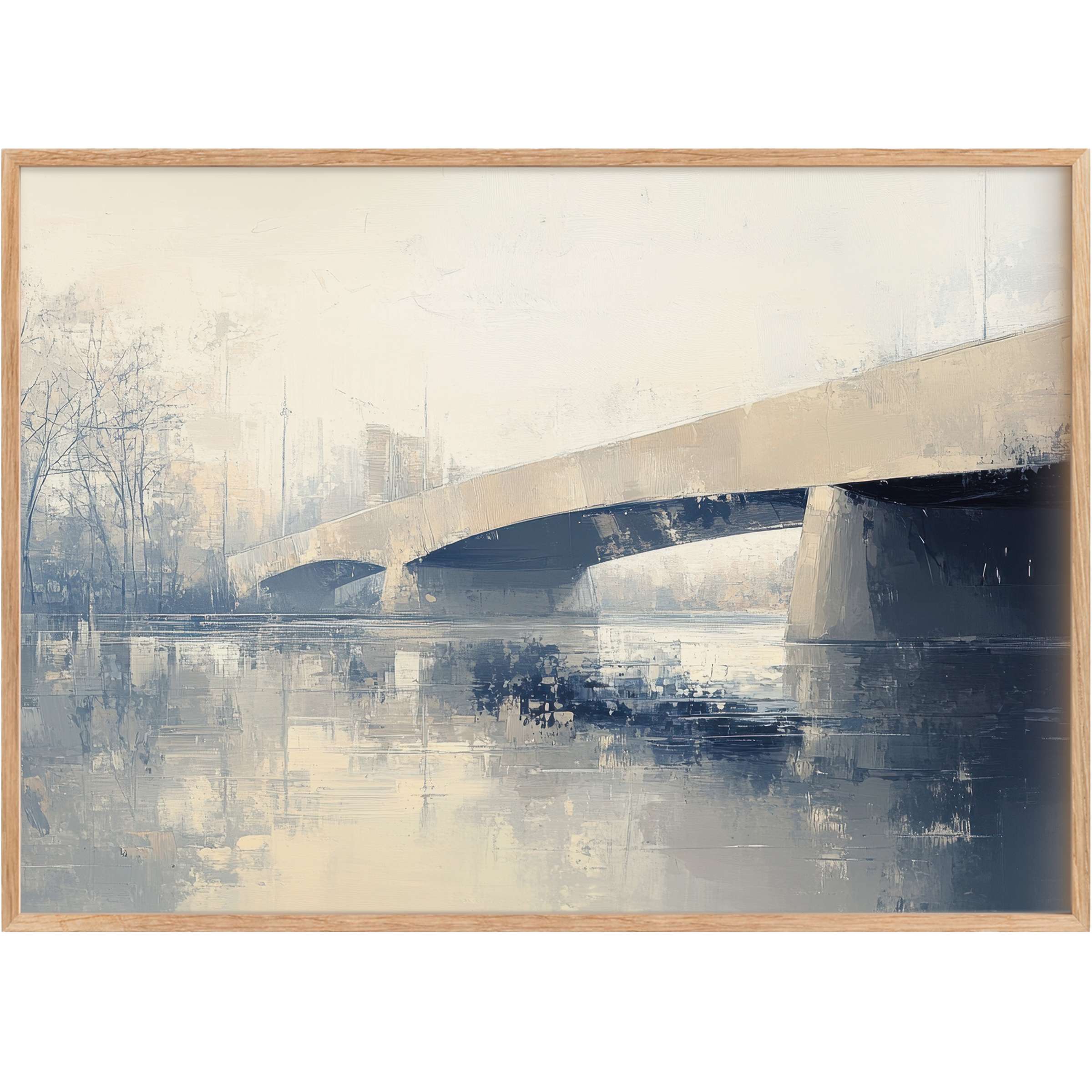 Serene urban printable wall art featuring a soft, misty bridge in calming blues and neutral tones, enhancing tranquil, modern spaces
