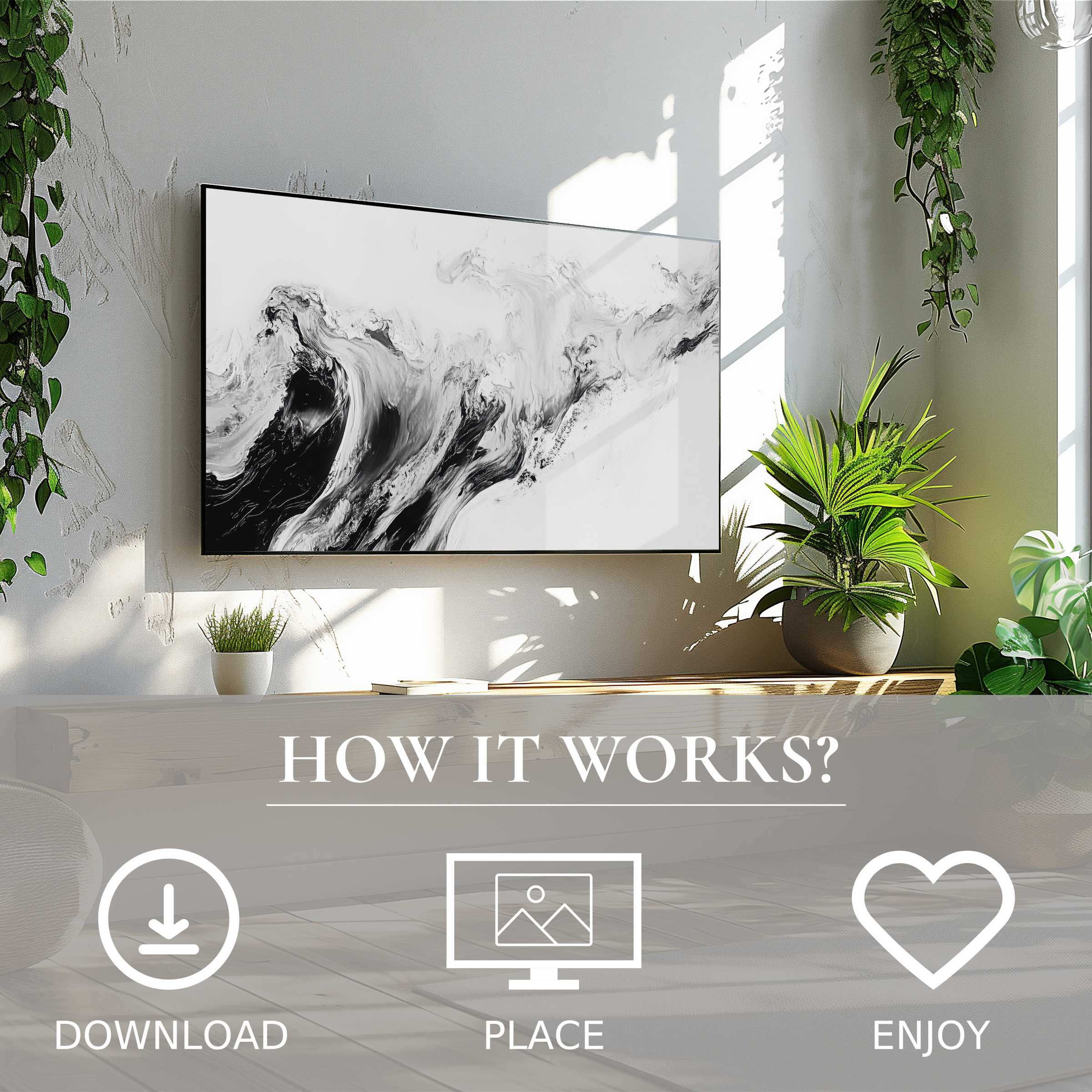 Neutral art for Samsung TV shows black and white color flow, easy digital download, enhancing minimalist living spaces