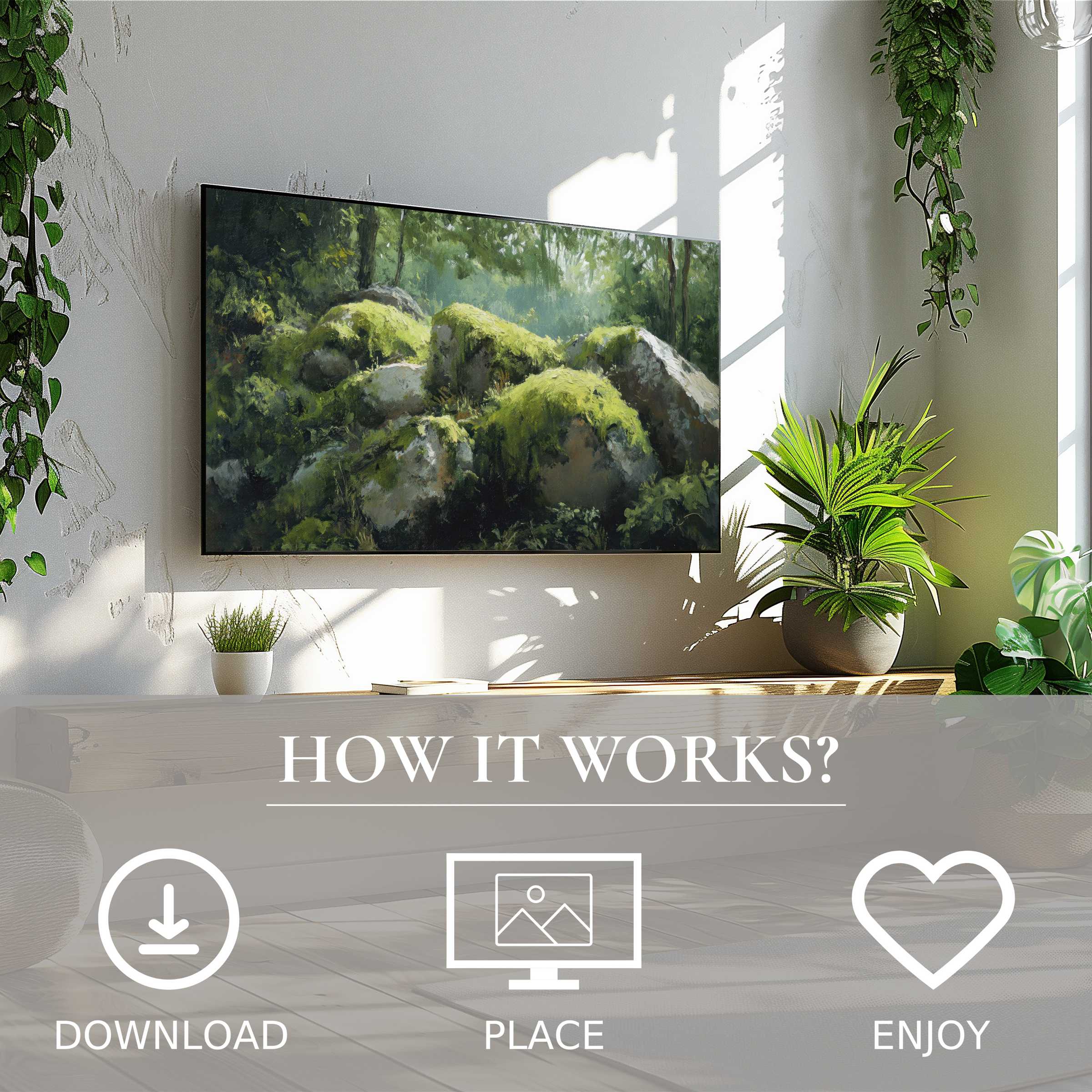 Modern room with lush plants showcasing tree art for Samsung TV in soft green moss tones, easy digital download
