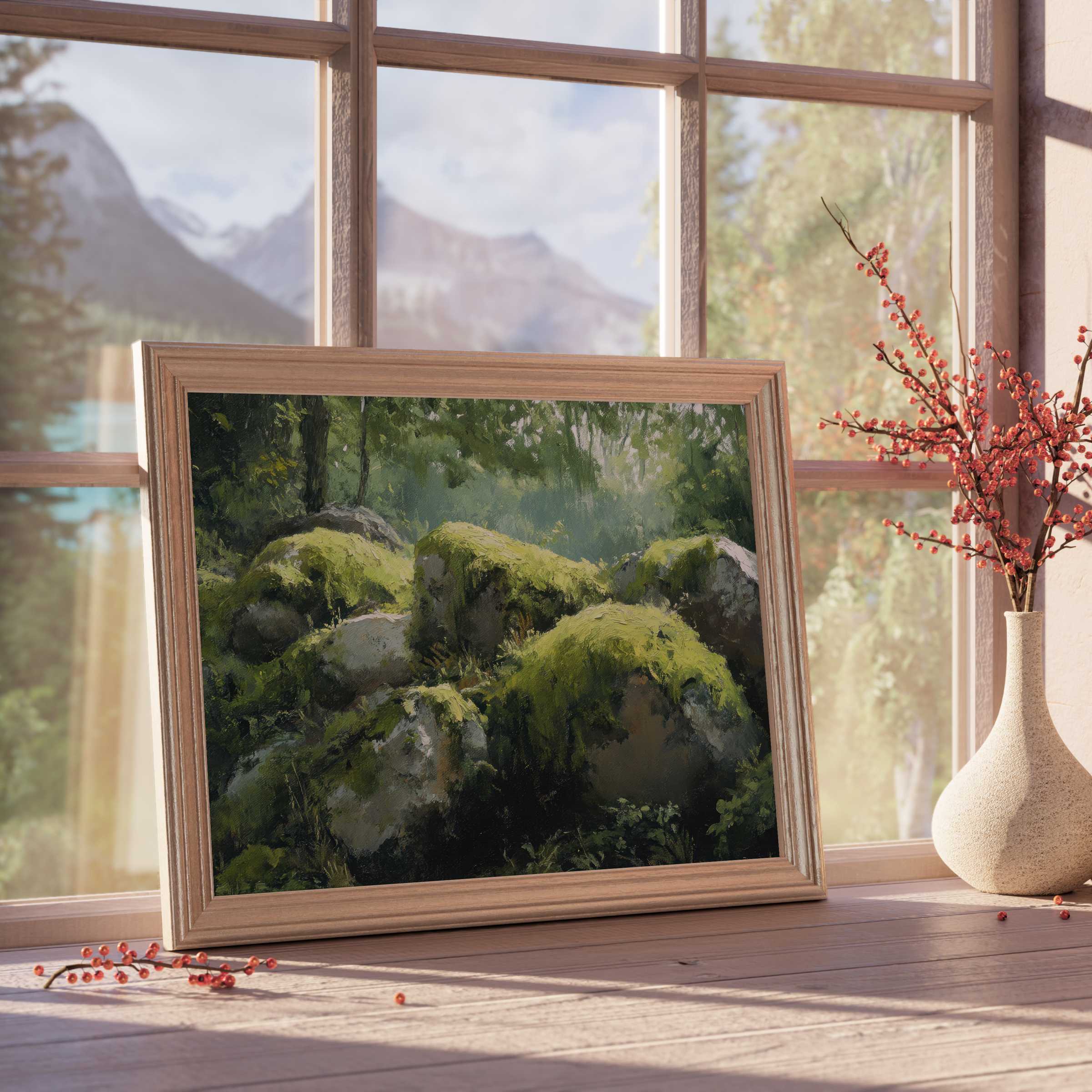 Serene tree downloadable art showcasing moss-covered rocks in soft natural light, perfect for elevating tranquil, curated interiors