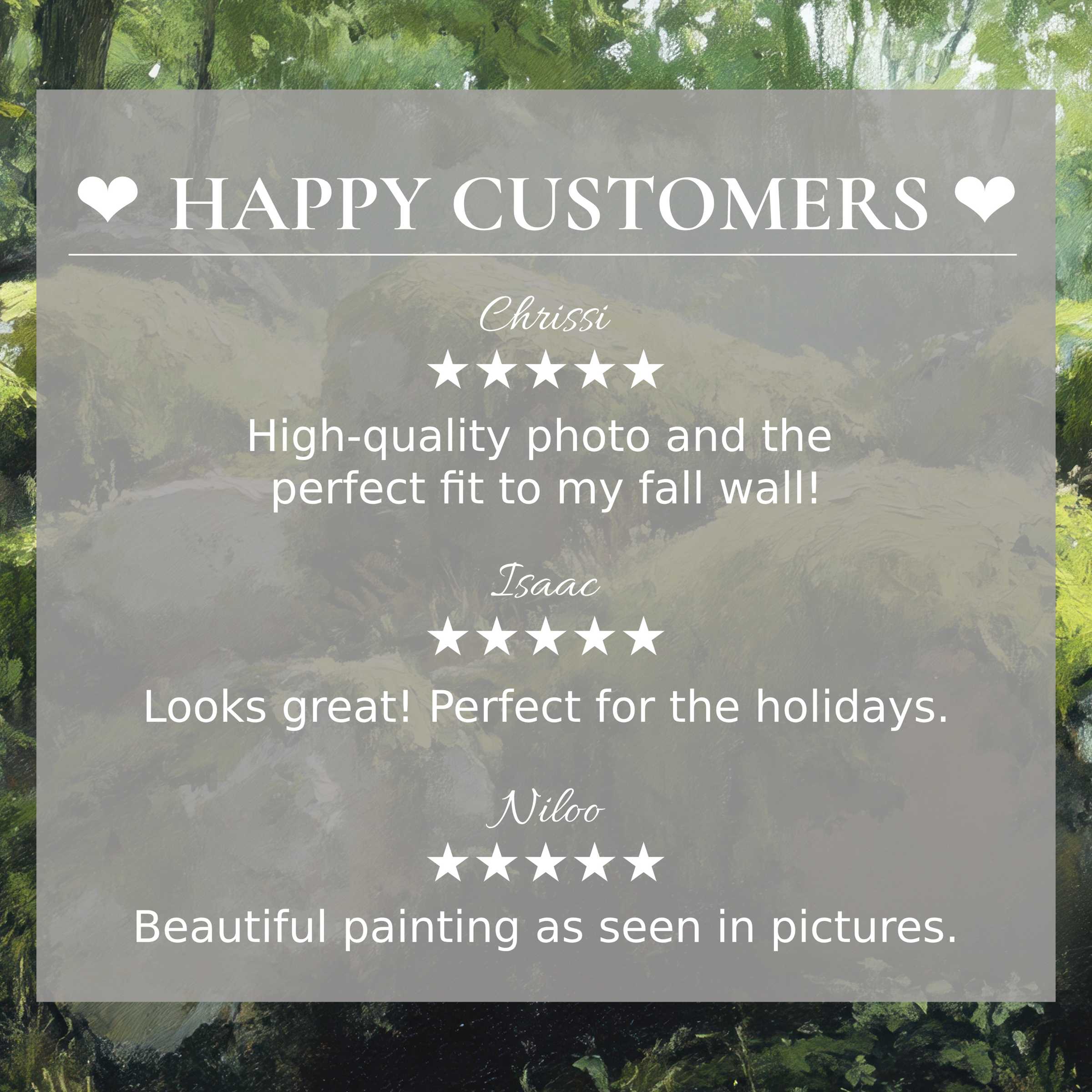 Trees art for Frame TV with lush green foliage background, showcasing happy customer reviews and elegant style