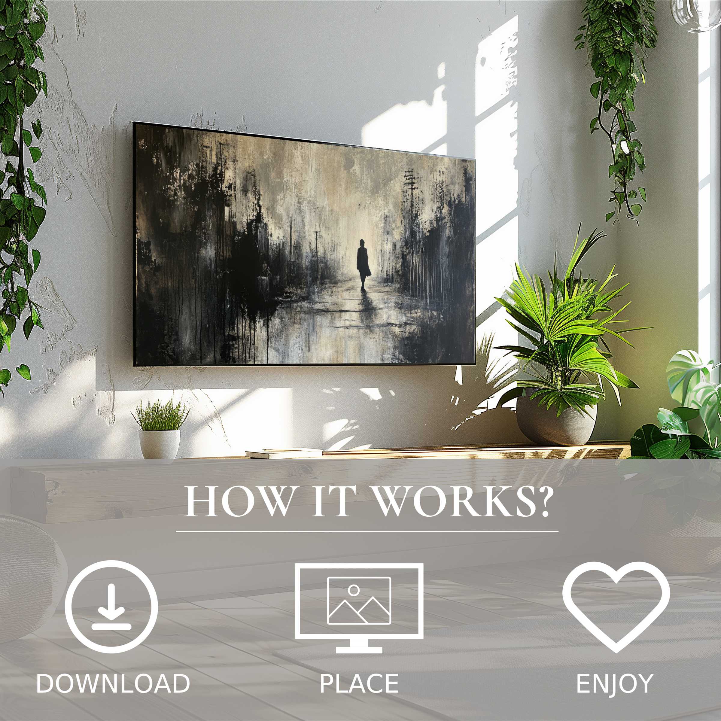 Modern living room with street art for Samsung TV showing misty monochrome silhouette, easy digital download enriches space