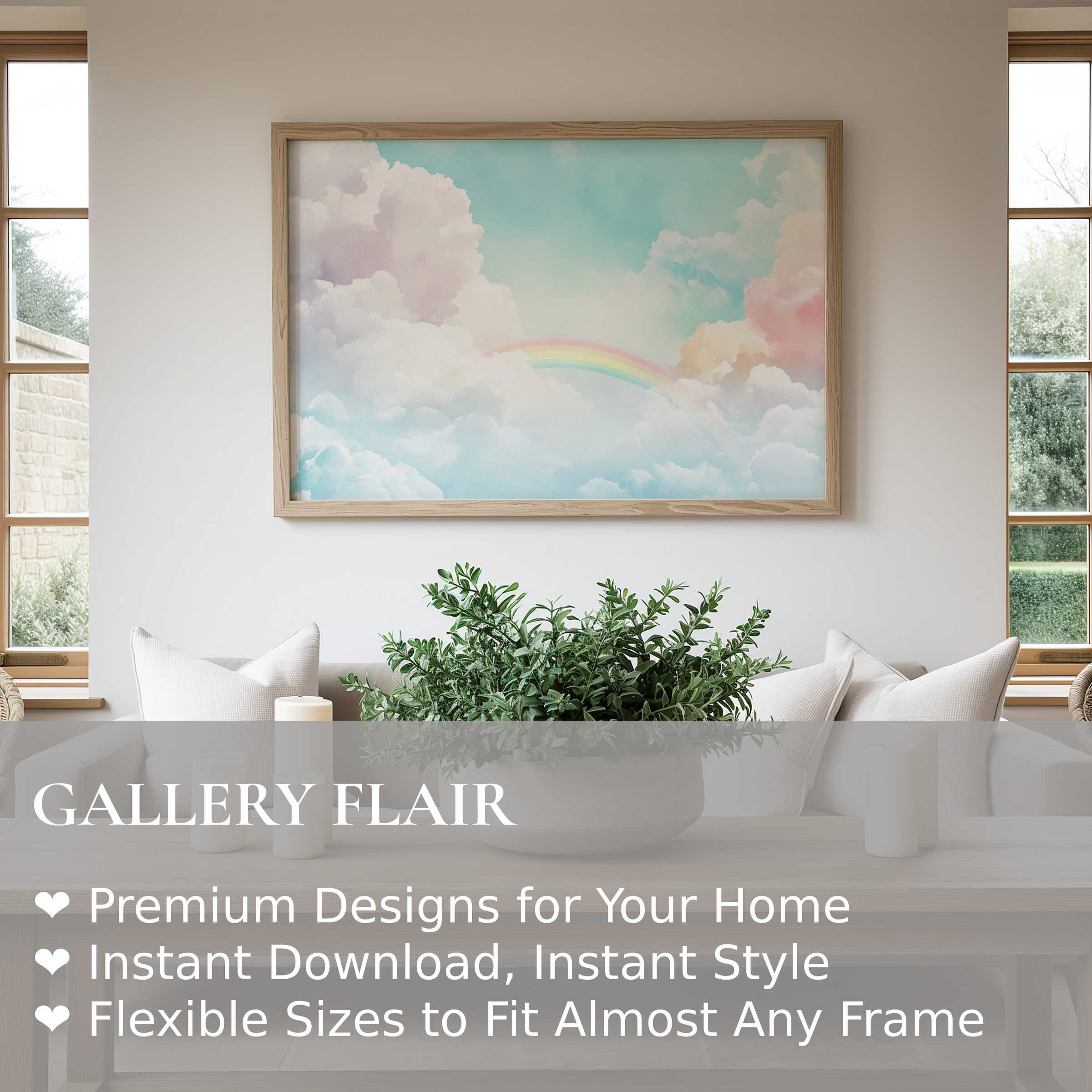 Serene nursery wall art print featuring soft pastel clouds and a gentle rainbow, enhancing modern minimalist decor with calming, radiant charm