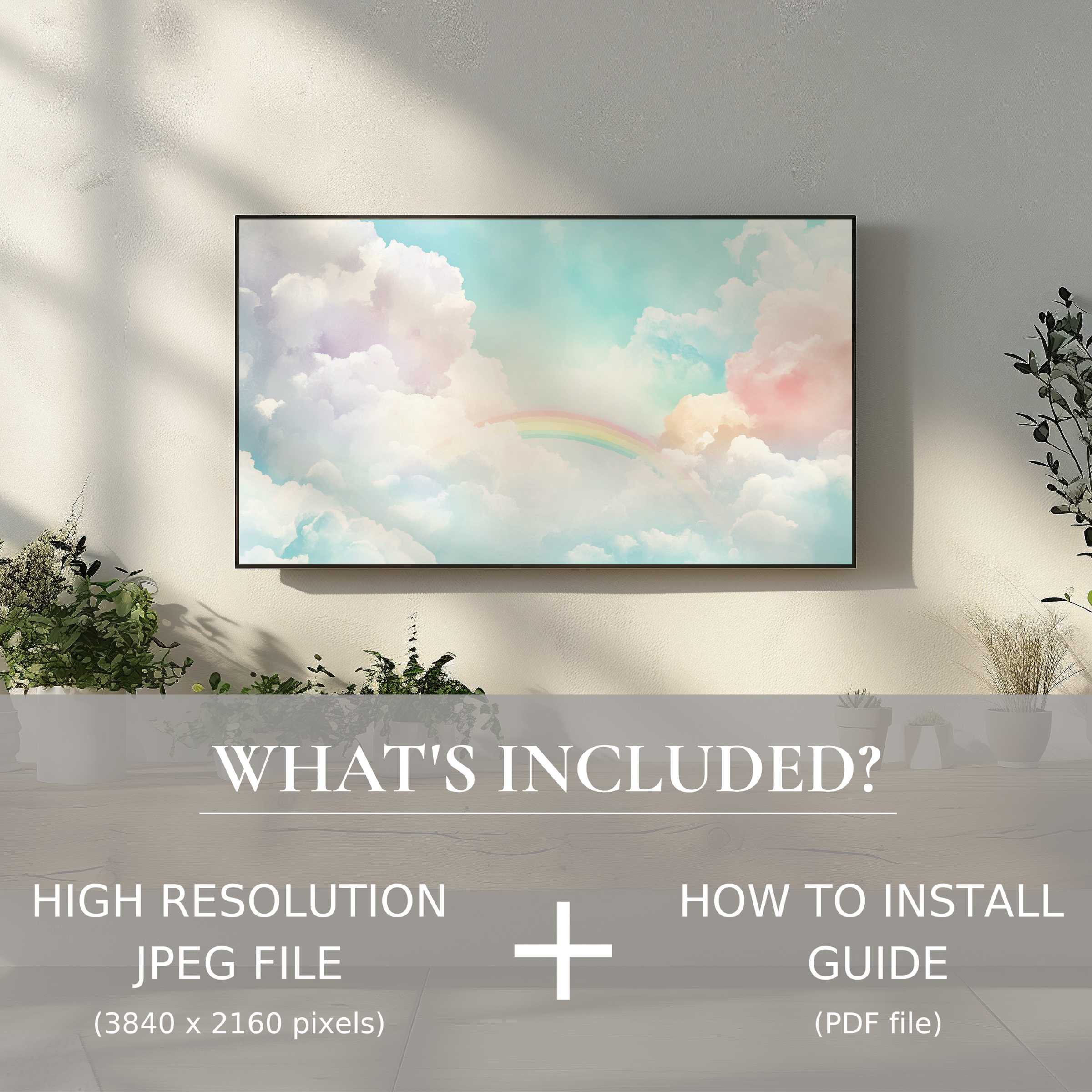 Elegant nursery digital TV art download with soft clouds and rainbow, easy digital use enhances serene living spaces