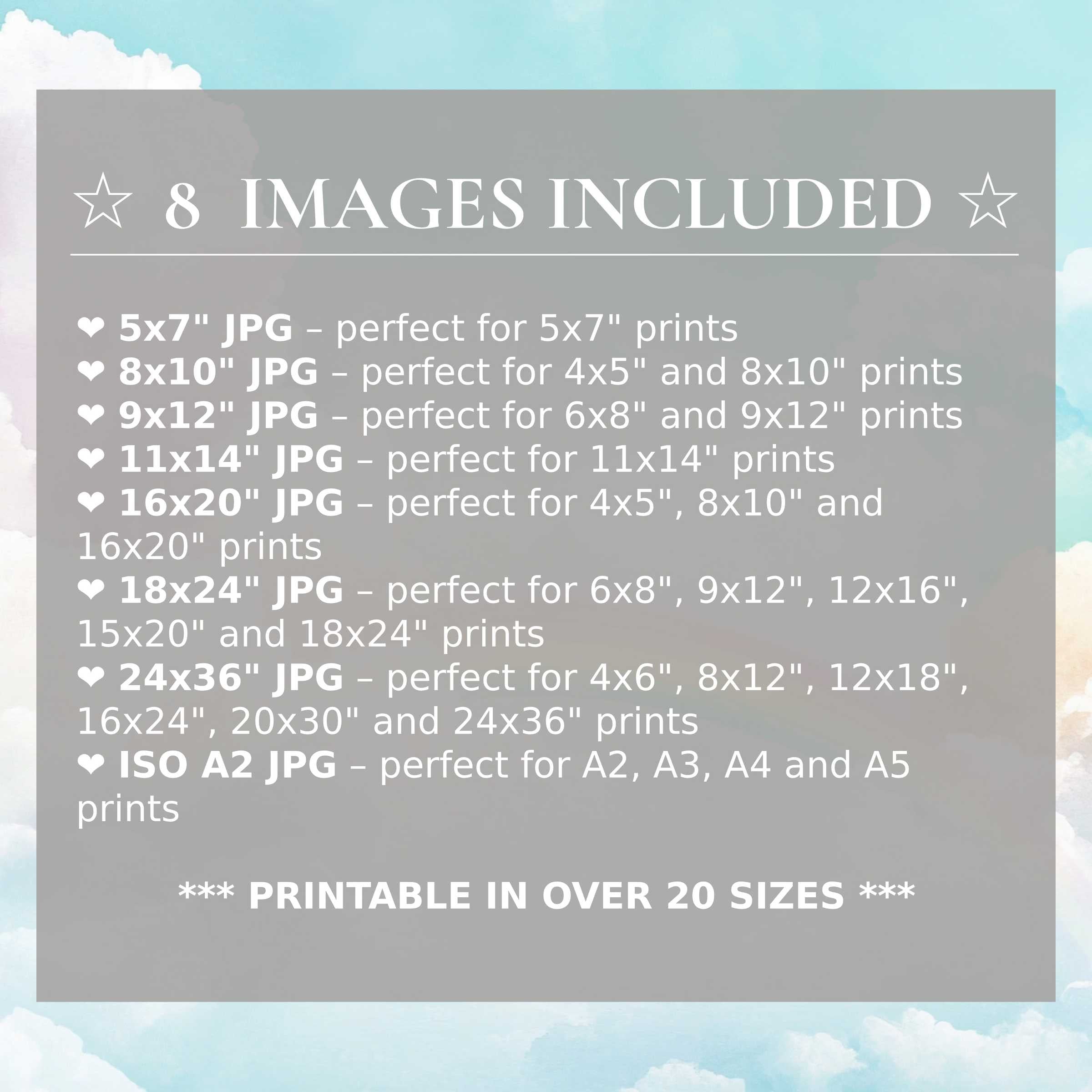 Nursery digital print in calming sky blues and soft whites, offered in 8 high-quality sizes included with download, elevating modern interiors with serene versatility