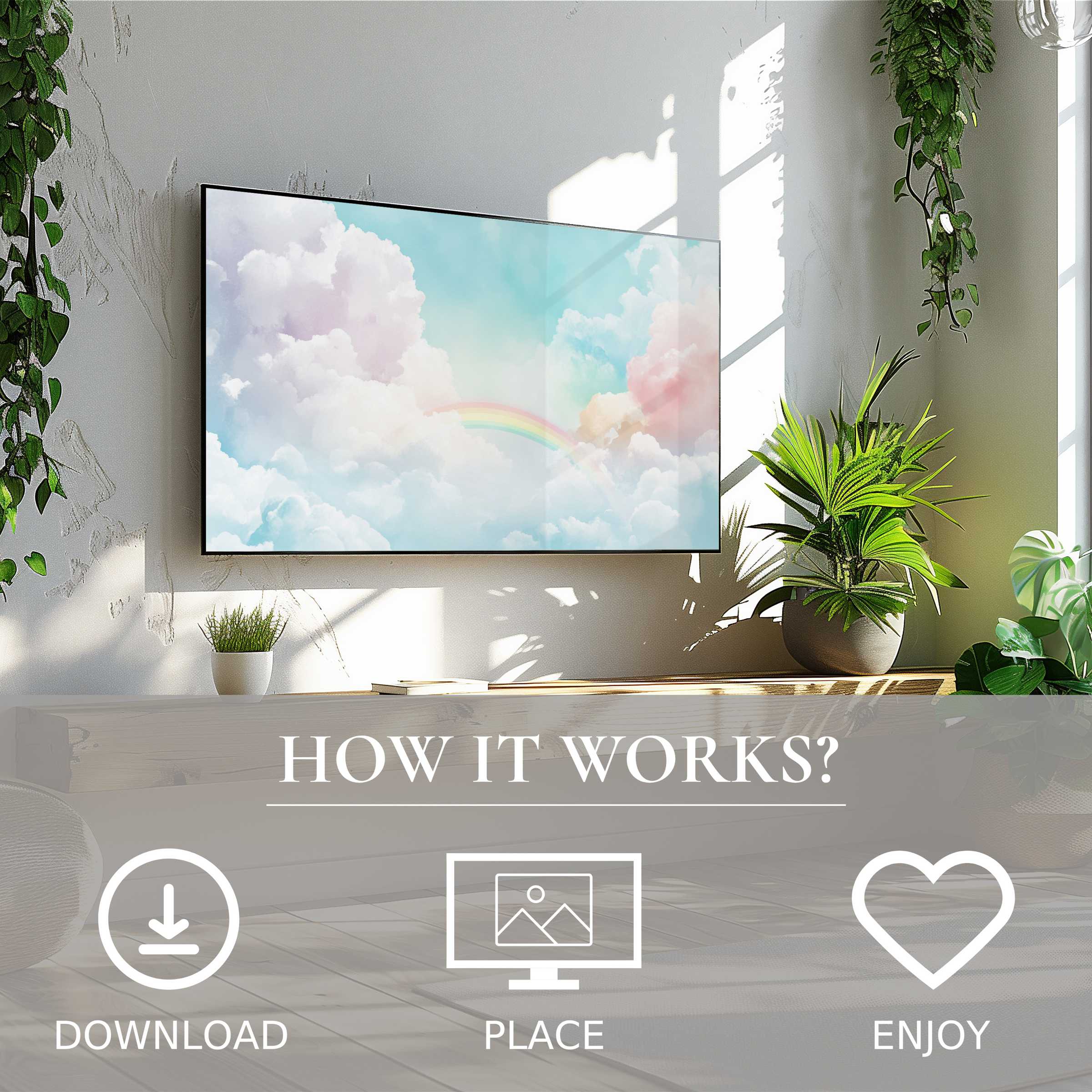 Modern nursery art for Samsung TV shows soft rainbow and clouds; easy digital download enriches bright, green-filled living space