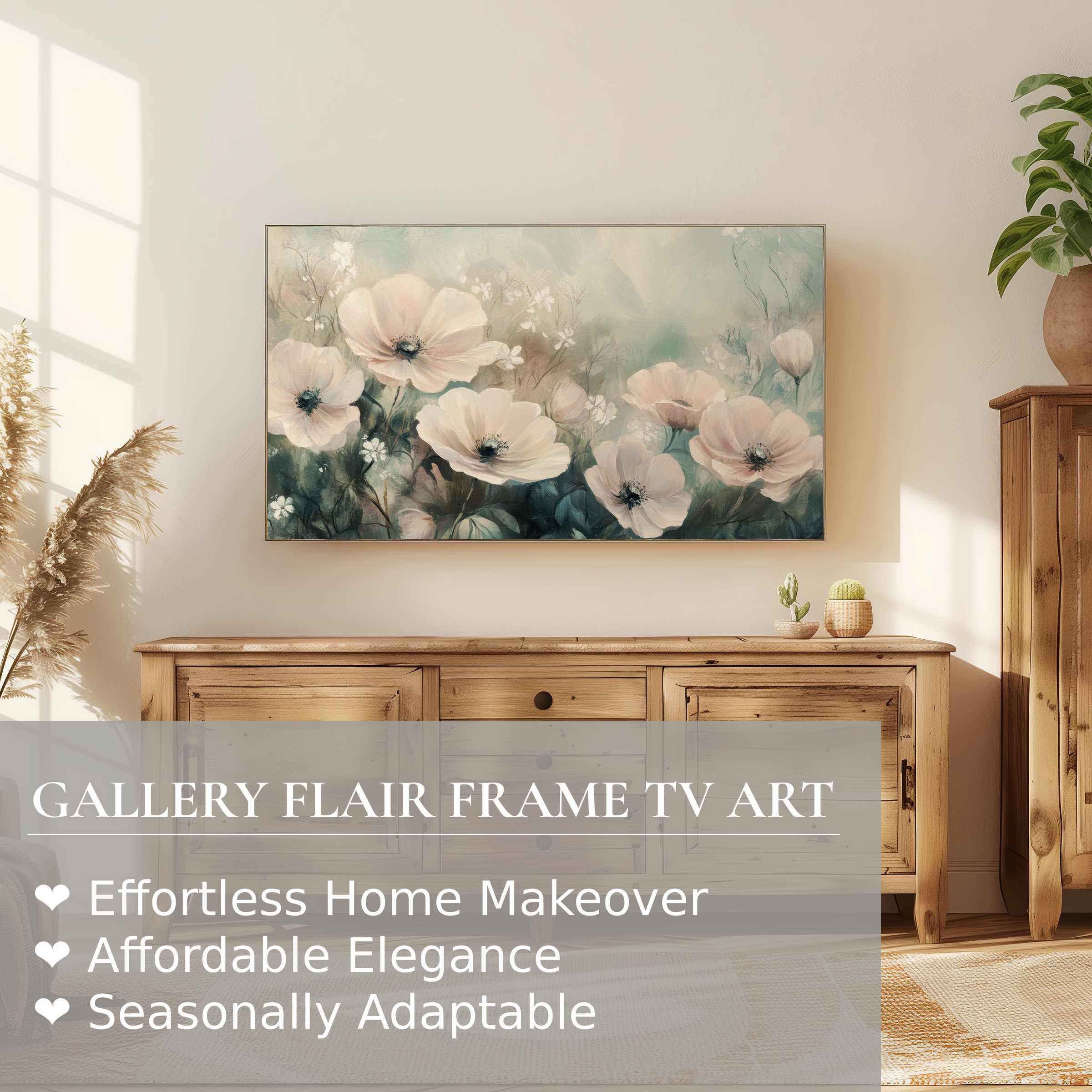 Samsung Frame TV displays soft, elegant floral digital artwork in a sunlit, modern rustic living space