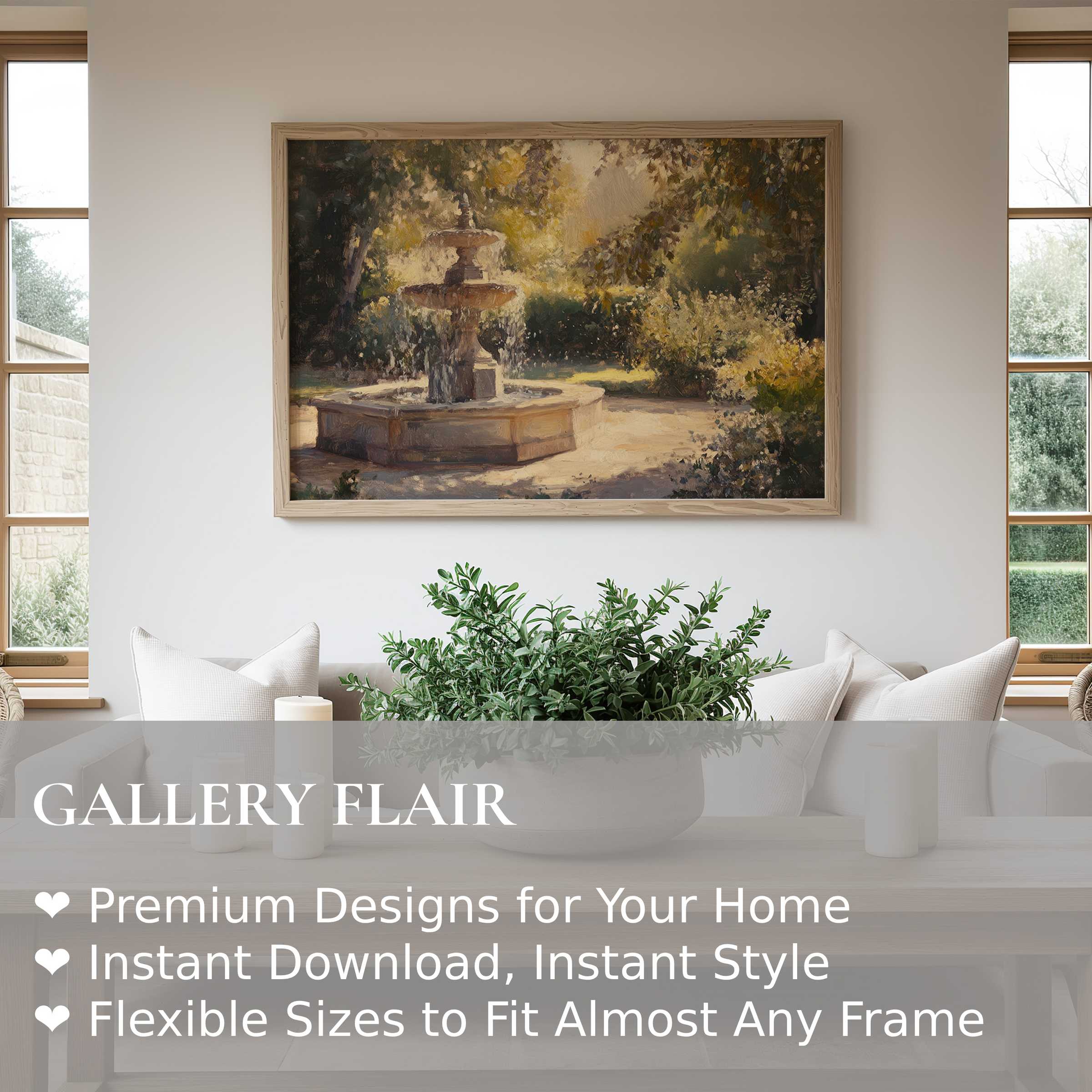 Vintage wall art print featuring a radiant garden fountain scene, enhancing serene modern farmhouse interiors with timeless charm and warmth
