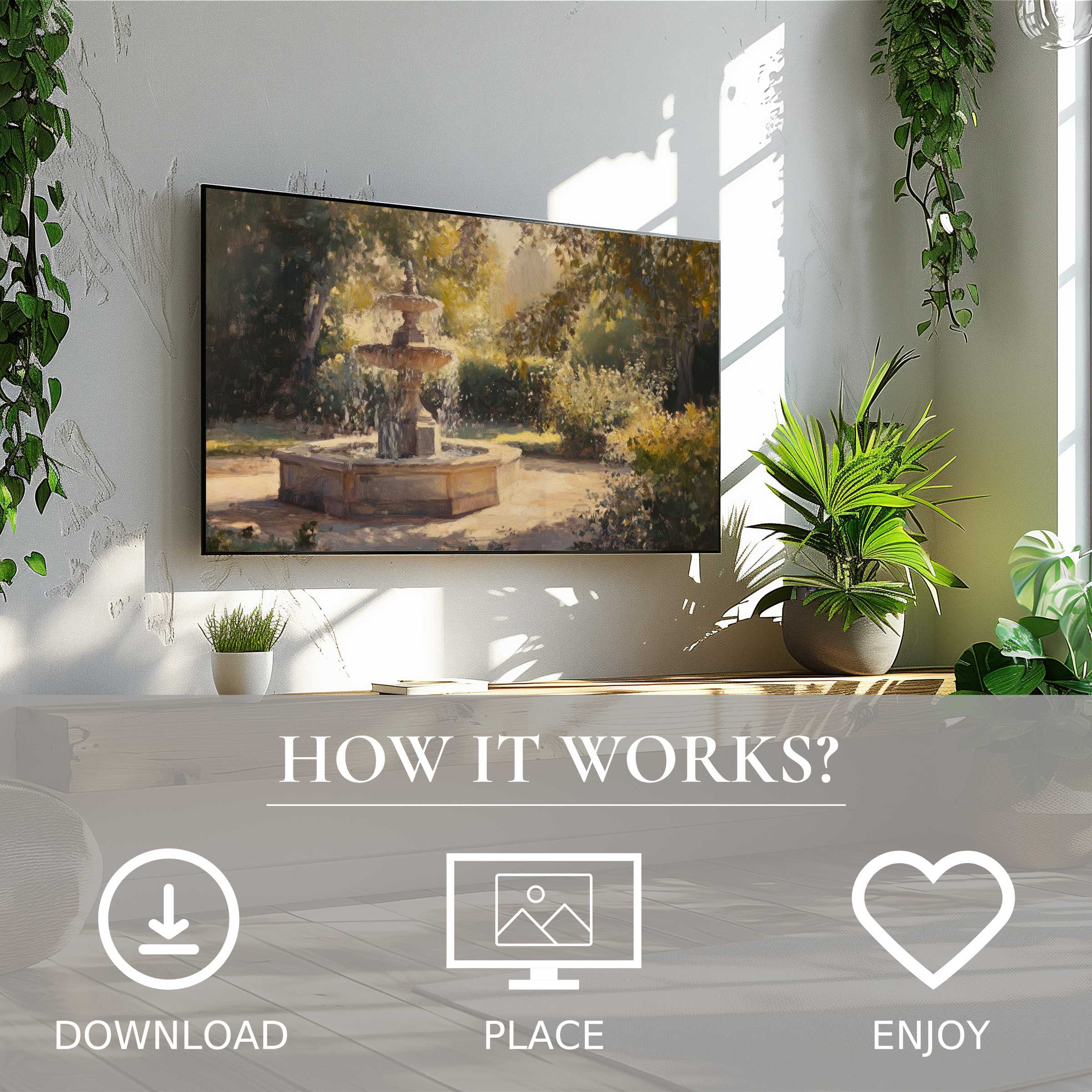 Vintage art for Samsung TV with soft sunset tones of a garden fountain, easy digital download enriches living space