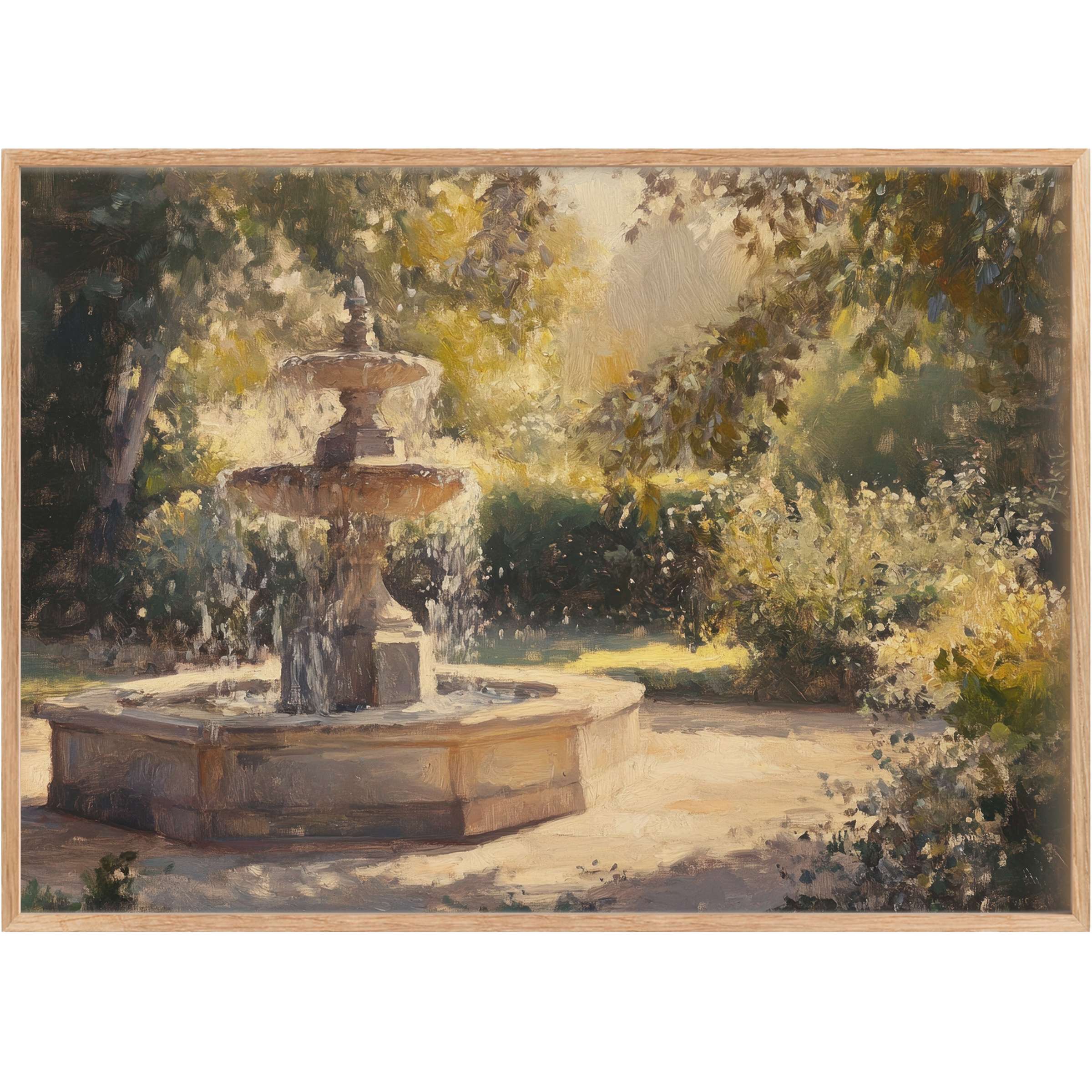 Vintage printable wall art of a sunlit garden fountain, radiating warmth with golden hues and serene greenery
