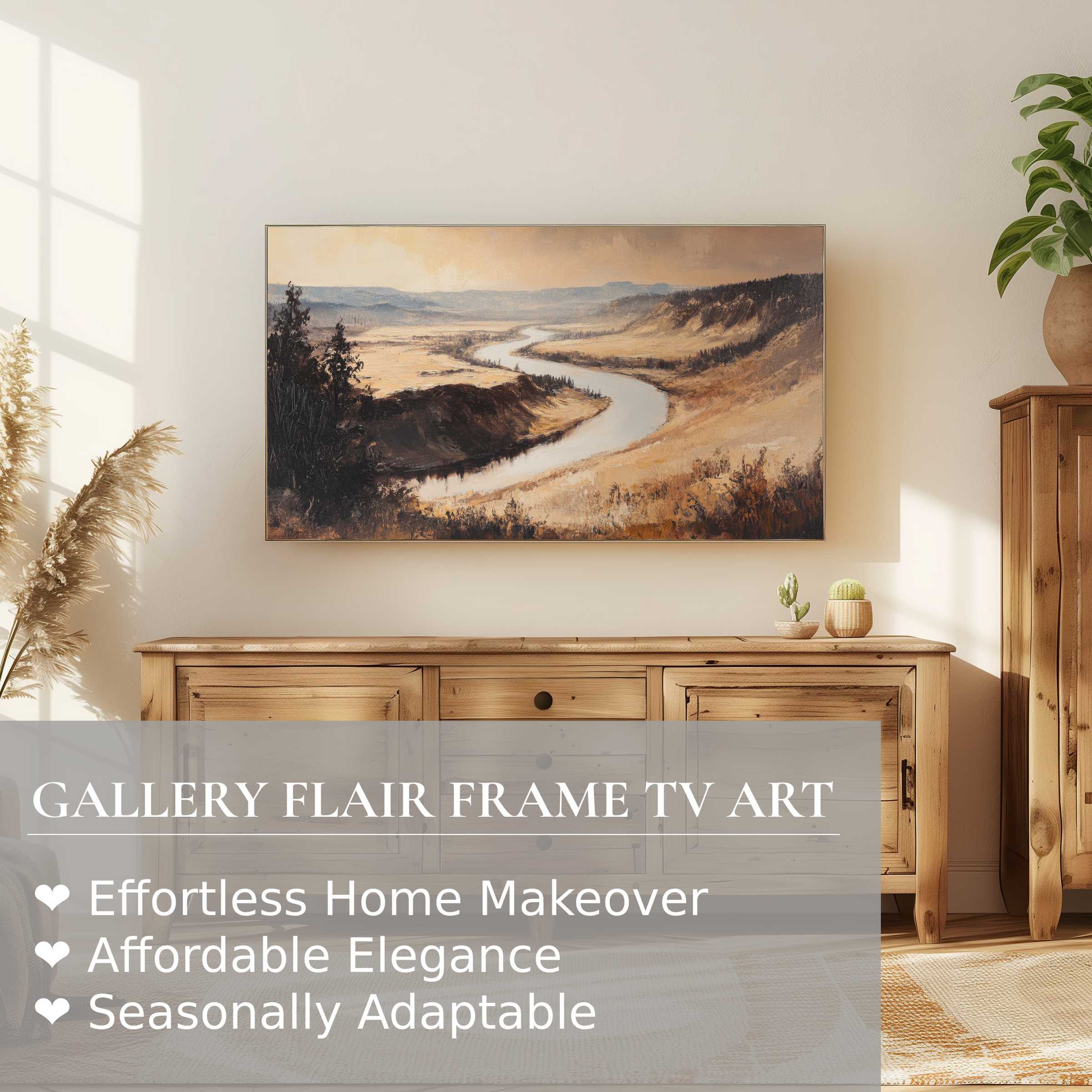 Samsung Frame TV displaying a refined landscape digital artwork in warm tones, perfect for elegant home decor