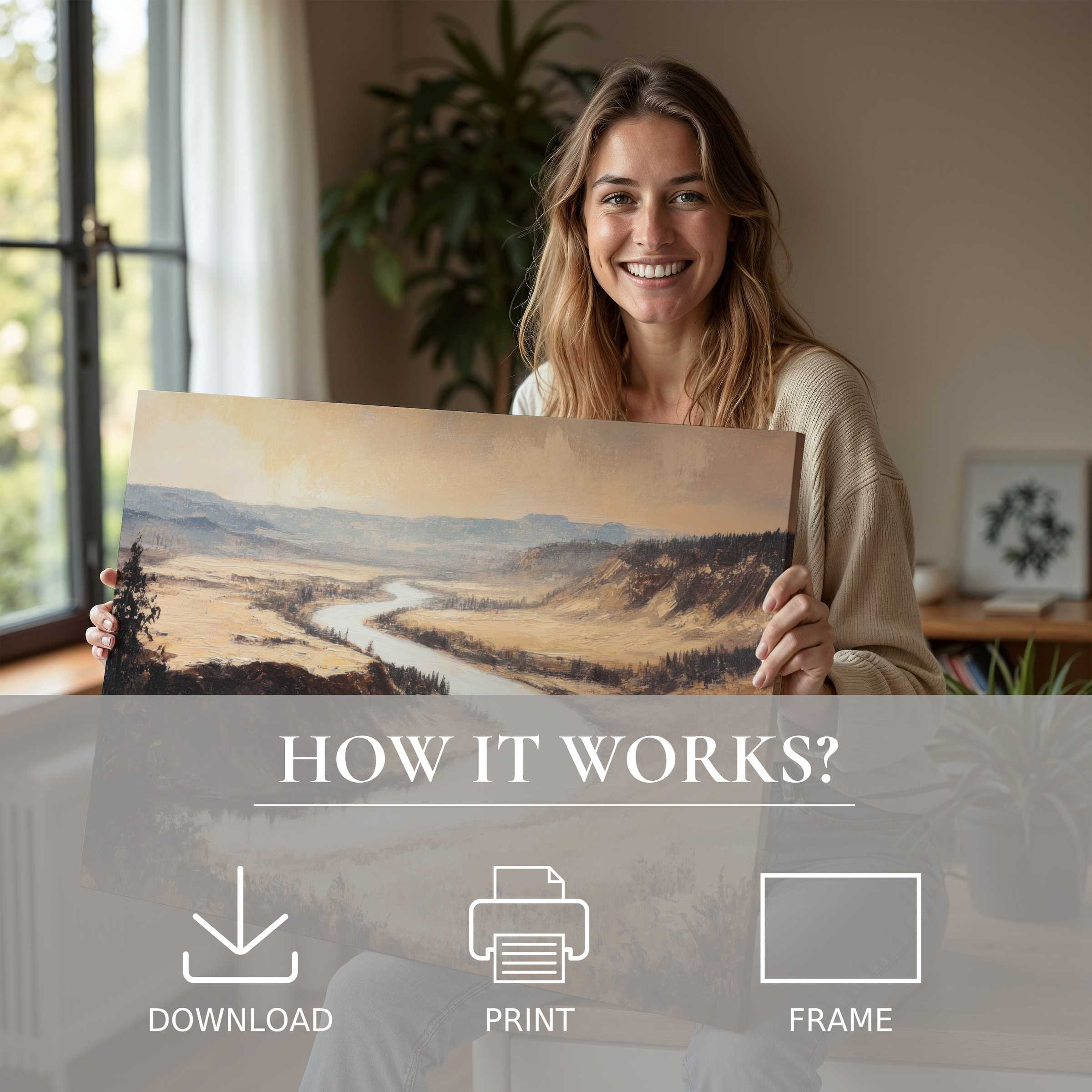 Radiant joy illuminates a modern home as she reveals a serene landscape digital art print-effortless elegance from download to frame