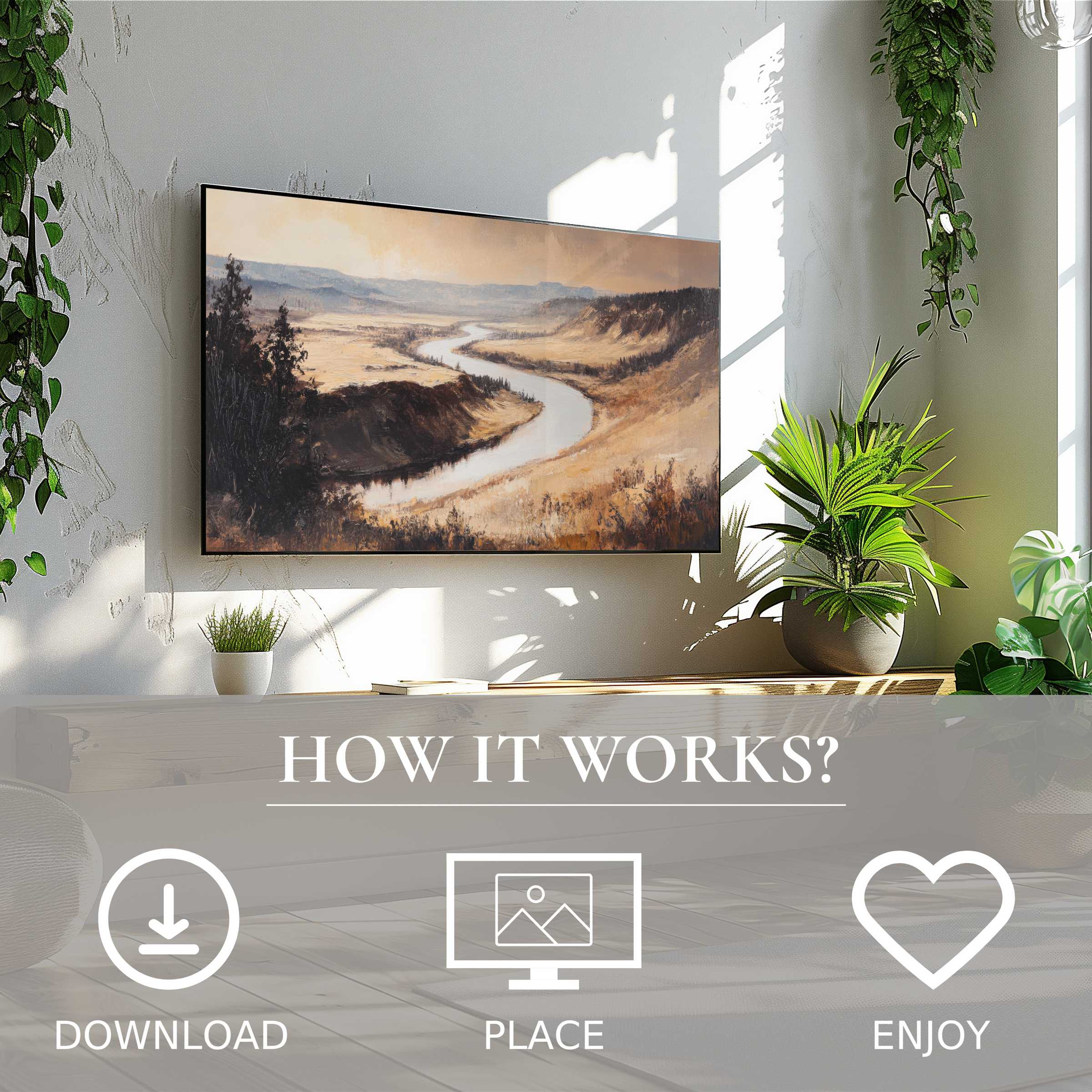 Modern living room with landscape art for Samsung TV, soft river tones, easy digital download enriching space