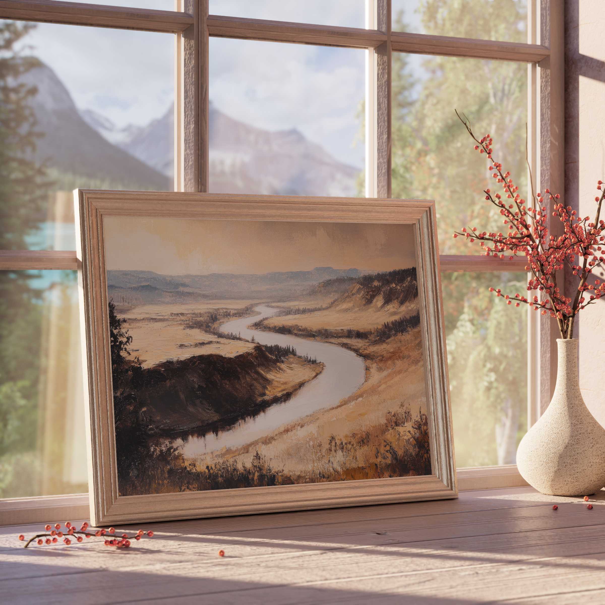 Serene landscape downloadable art capturing a winding river at golden hour, perfect for elevating tranquil, curated interiors