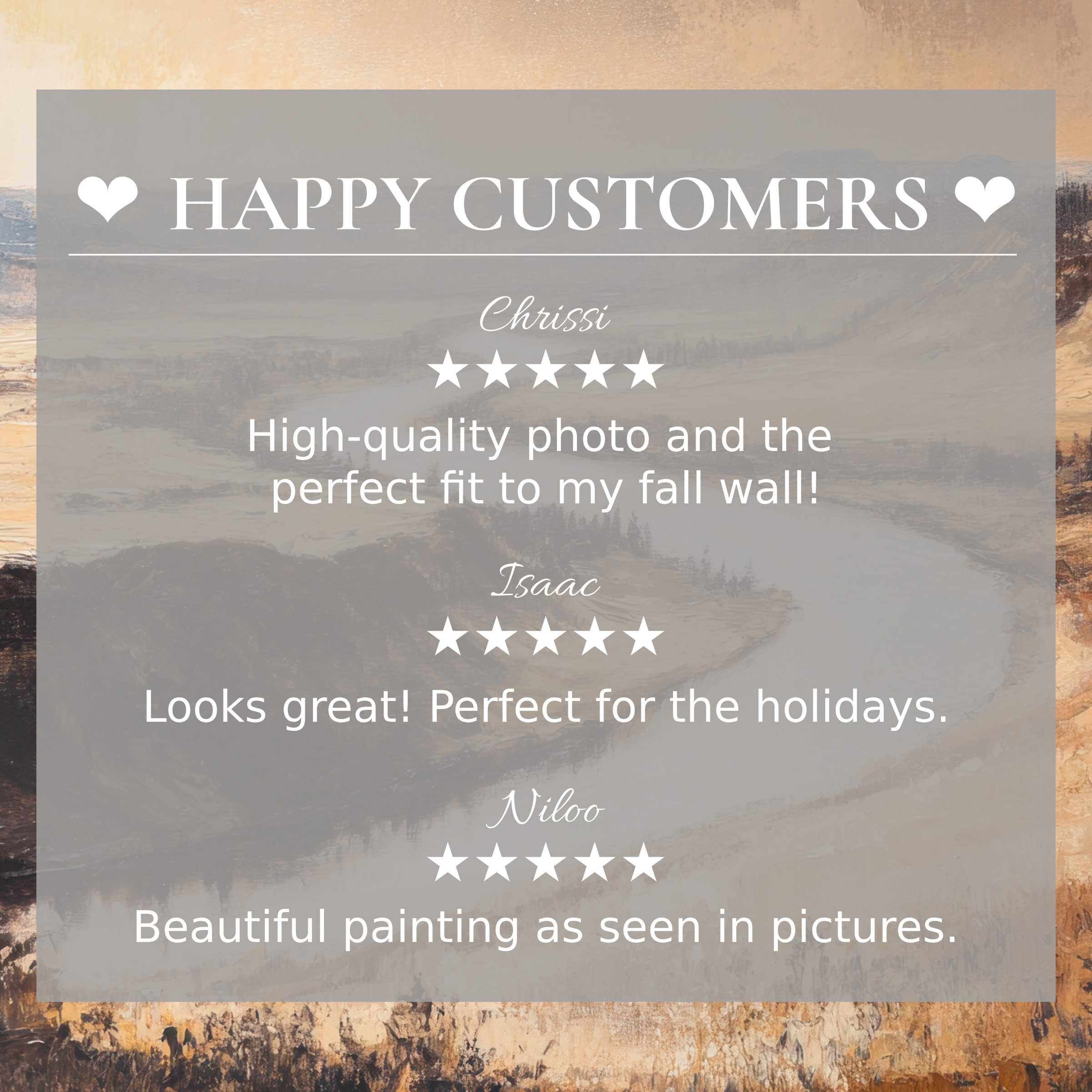 Elegant landscape art for Frame TV with serene river backdrop, showcasing happy customer reviews that build trust