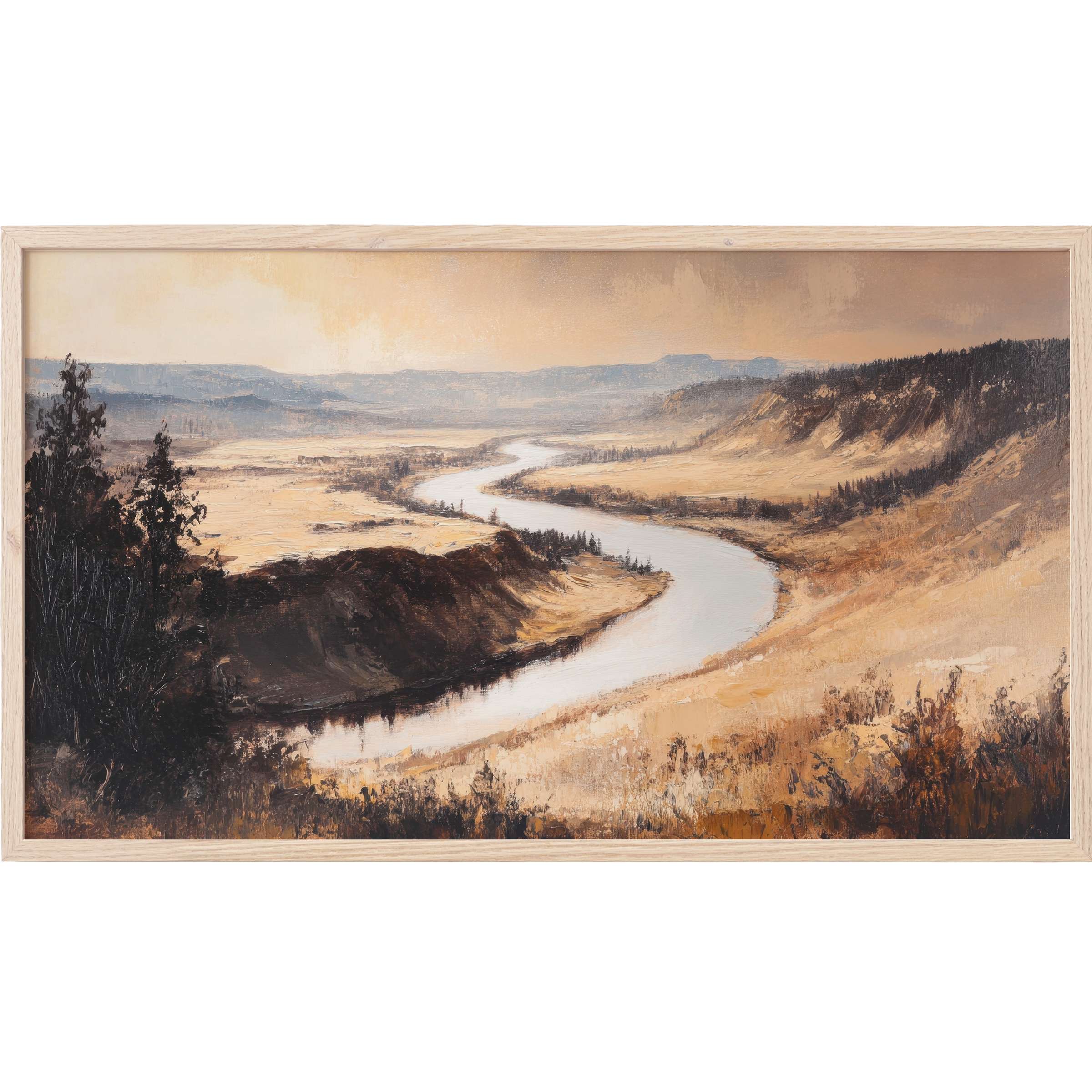 Elegant landscape Frame TV Art depicting a winding river through warm earth tones and soft natural light
