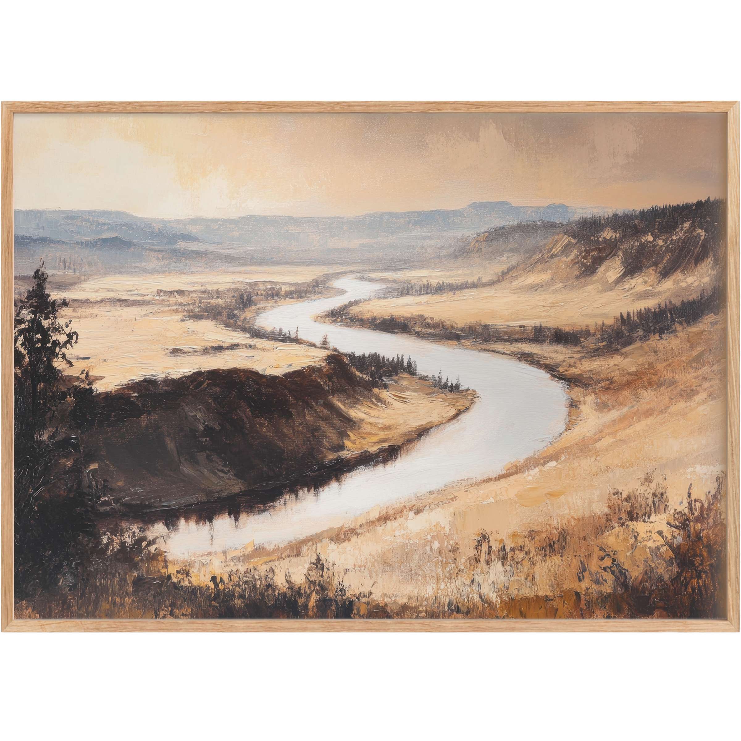 Serene landscape printable wall art featuring a winding river amid golden fields and muted hills, evoking calm warmth