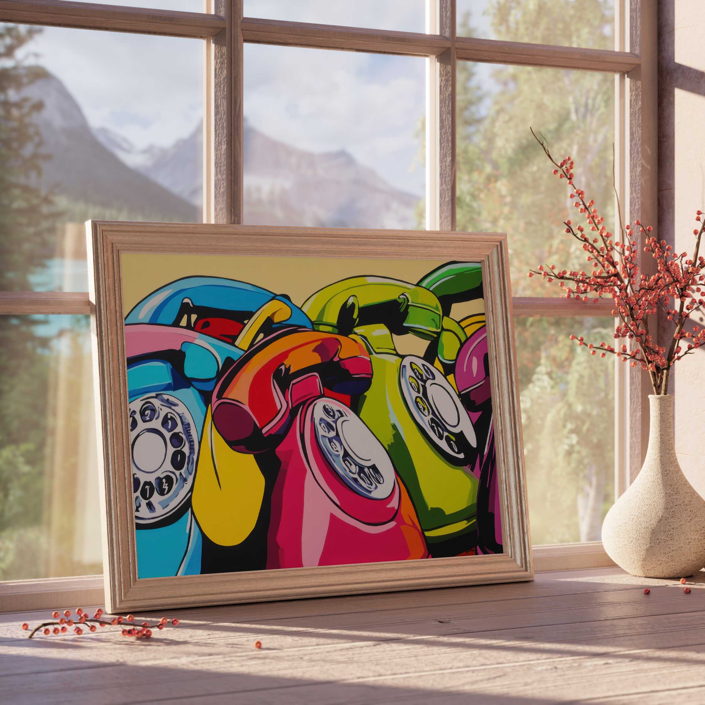 Vibrant pop art downloadable art featuring retro rotary phones in bold hues, elevating curated, tranquil interiors with nostalgic charm