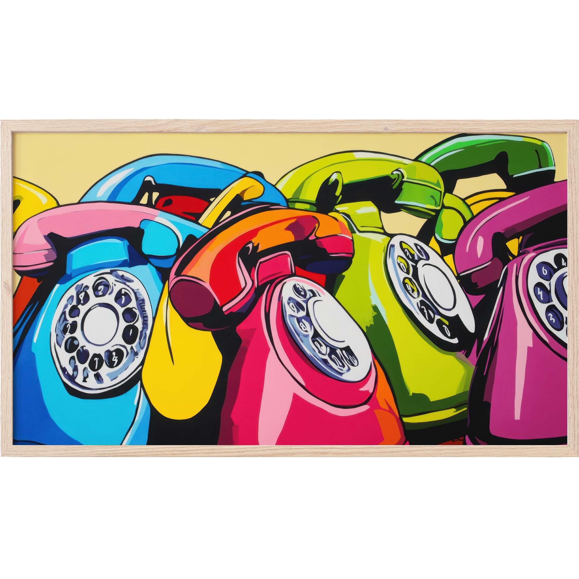 Vibrant retro telephones in bold hues against soft yellow, stylishly rendered in pop art Frame TV Art style