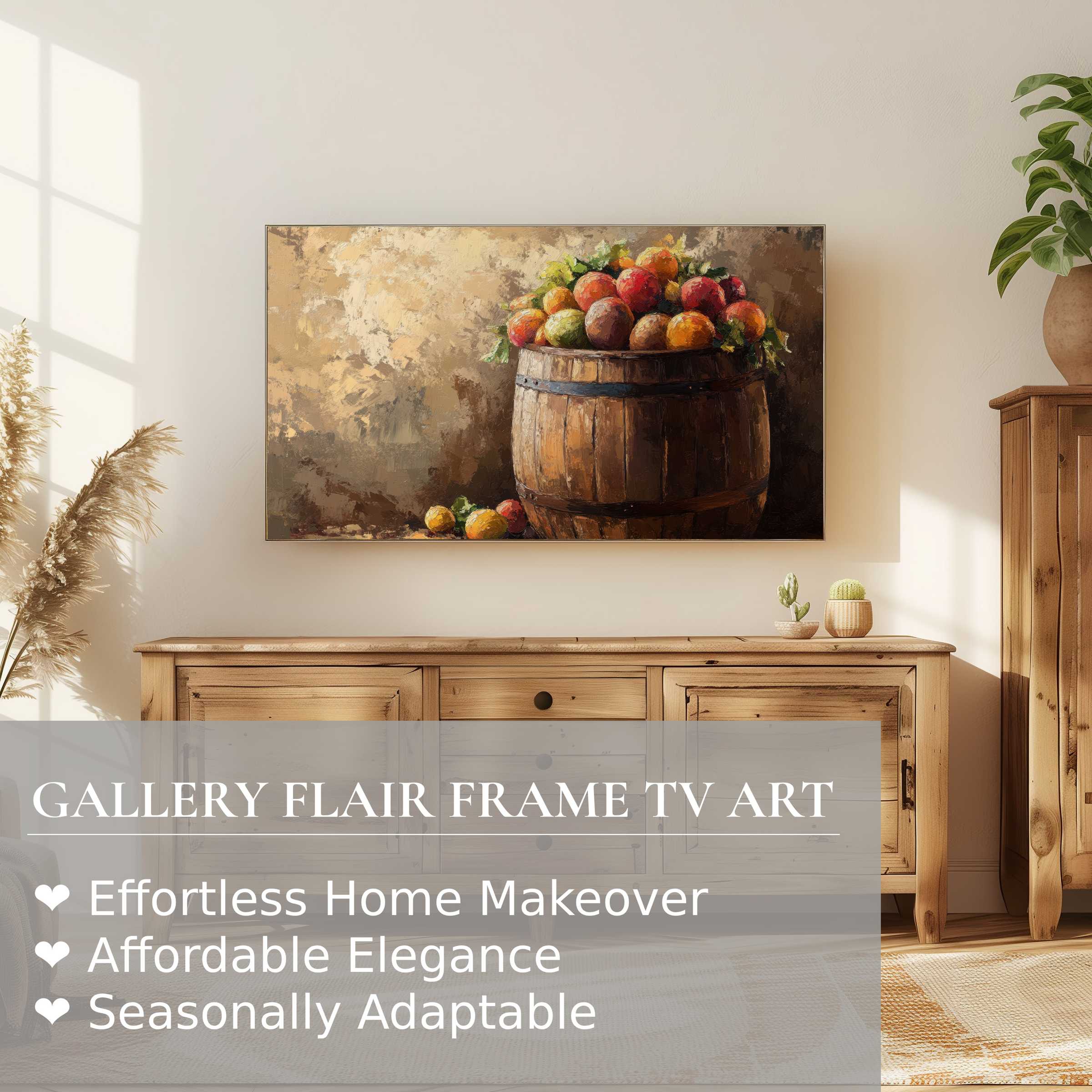 Samsung Frame TV displaying refined farmhouse digital artwork of a rustic barrel with vibrant fruit, perfectly elevating modern decor