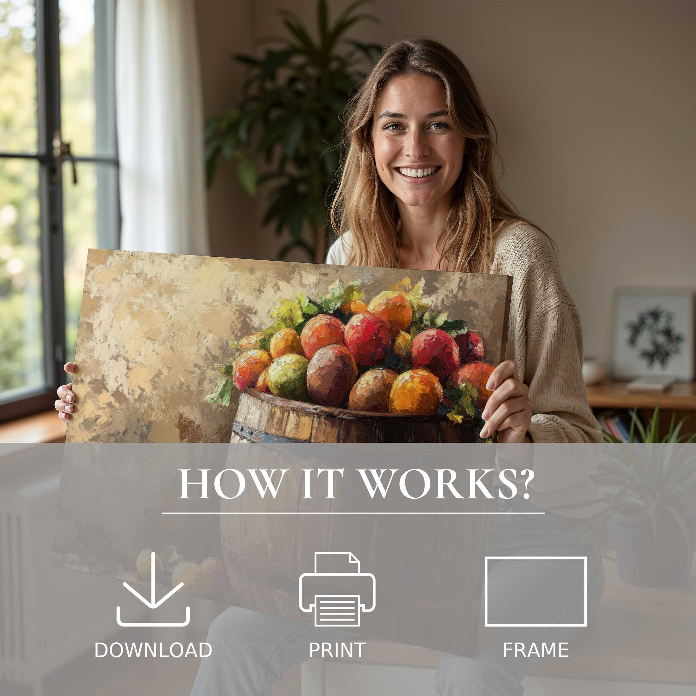 A serene moment of joy as a woman showcases a vibrant farmhouse digital art print, enriching modern living spaces with warmth and effortless elegance