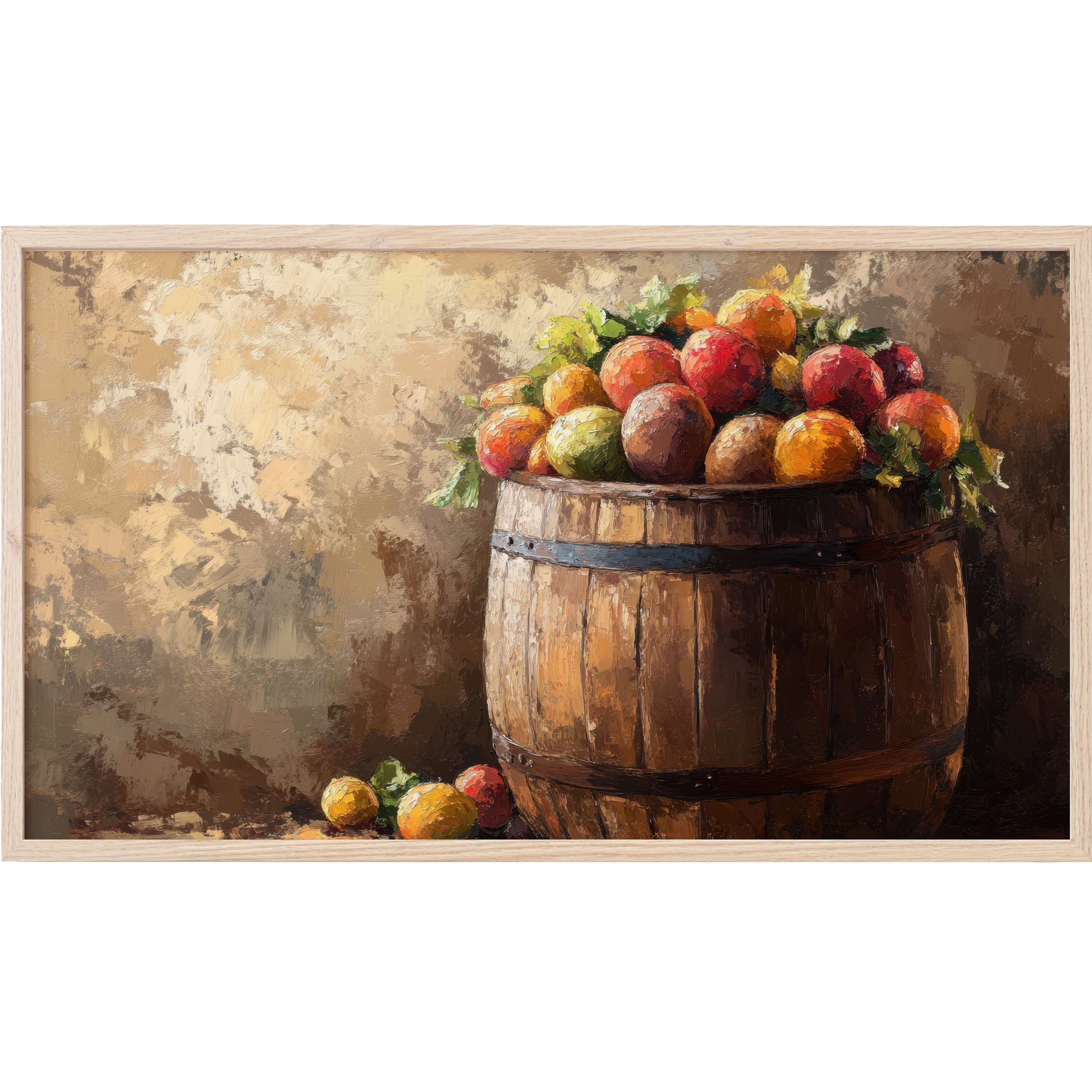 Rustic barrel brimming with vibrant fruit in warm earth tones, textured brushstrokes, Farmhouse Frame TV Art