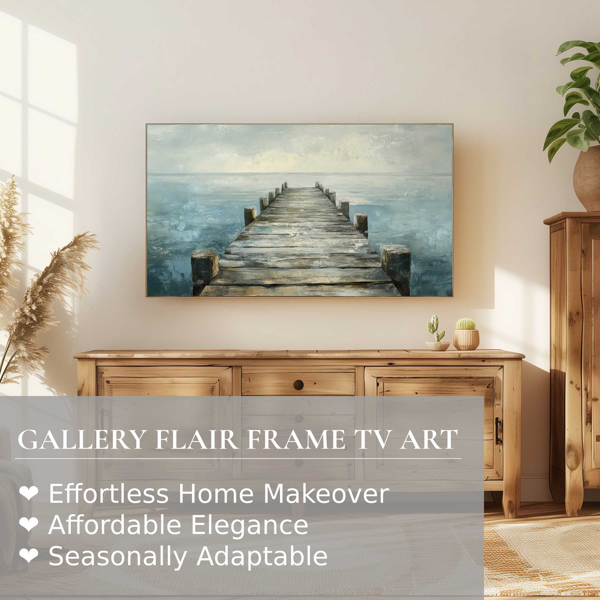Samsung Frame TV showcasing serene coastal digital artwork in a warm, elegant living space with natural textures