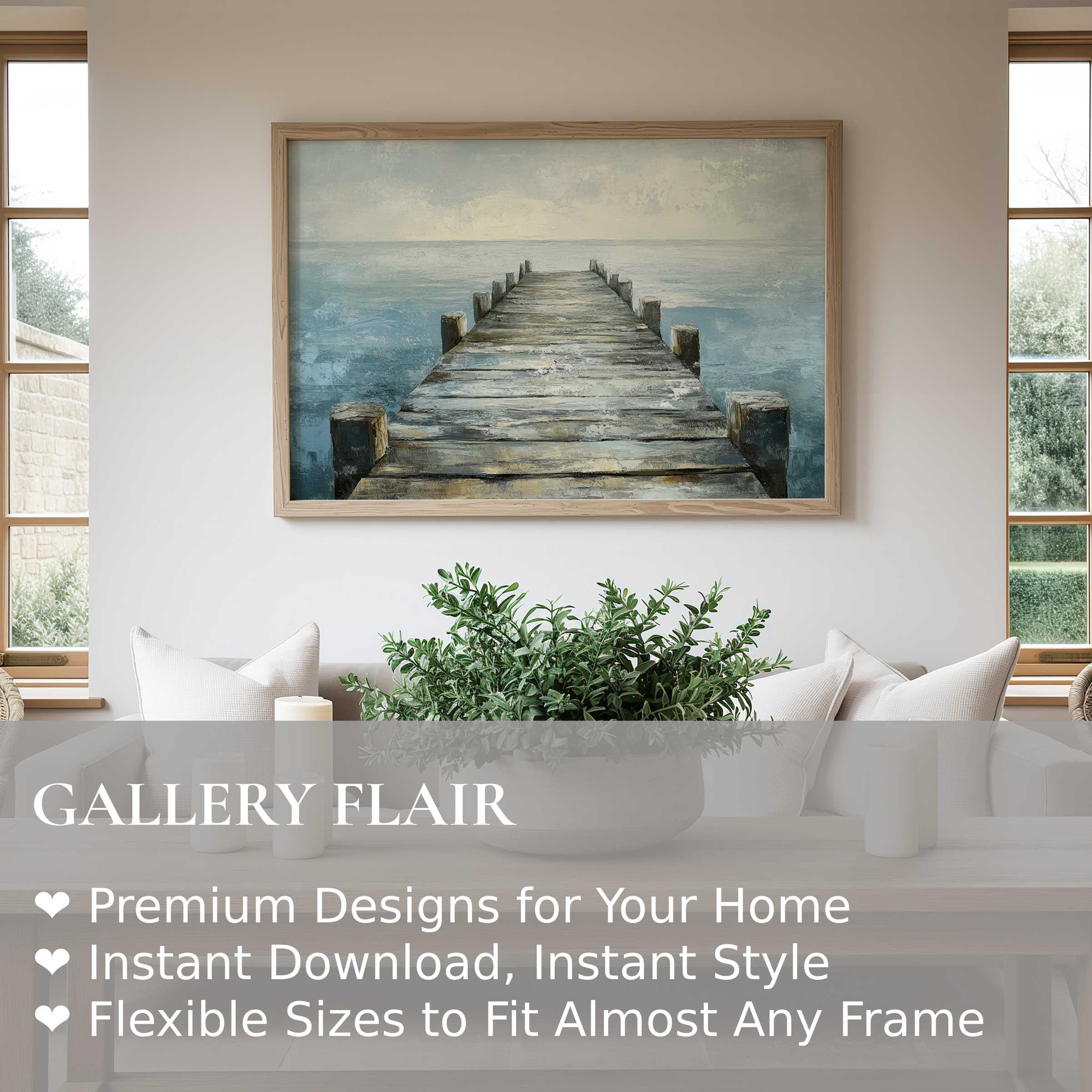 Coastal wall art print of a serene weathered pier stretching into misty blue waters, enhancing minimalist modern interiors with calm and natural elegance