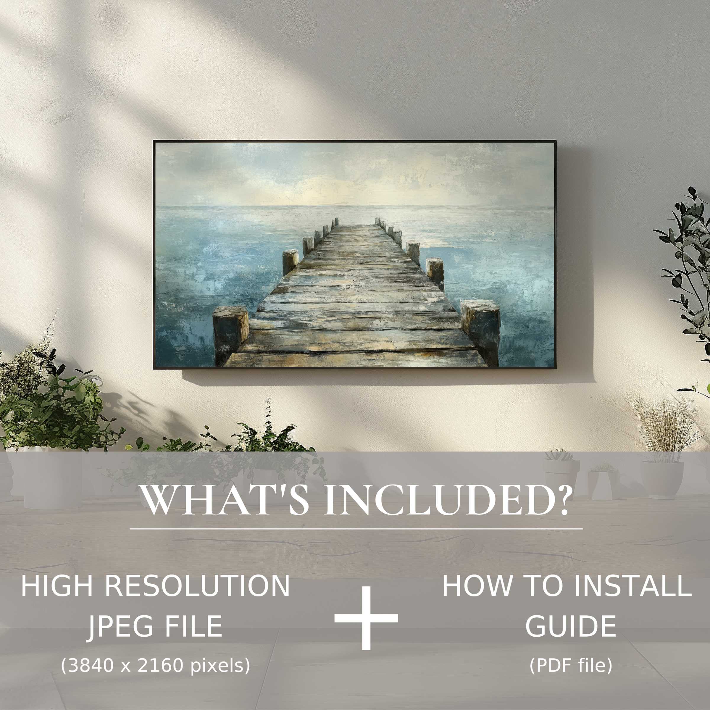 Elegant coastal digital TV art download, easy to use, enhances modern living spaces with serene pier visuals