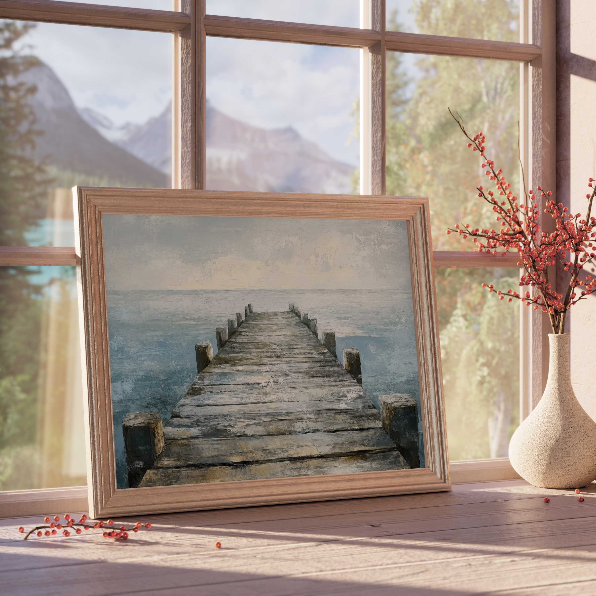 Coastal downloadable art showcasing a tranquil weathered pier, perfect for serene, design-forward interiors with natural accents